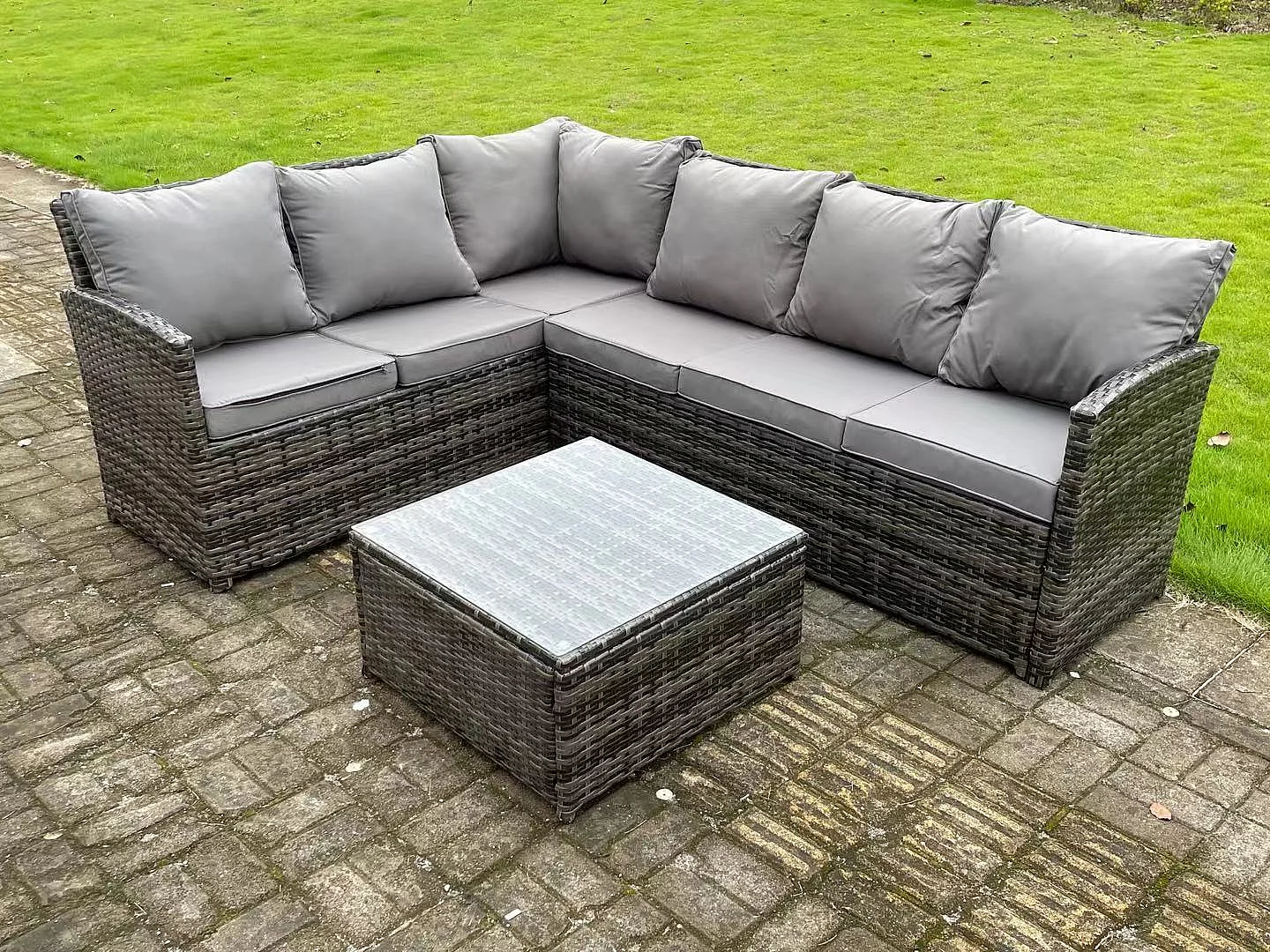 Hoher Rücken Dunkelgrau gemischt Rattan Ecksofa Set Gartenmöbel Quadratischer Couchtisch 6 Sitzer
