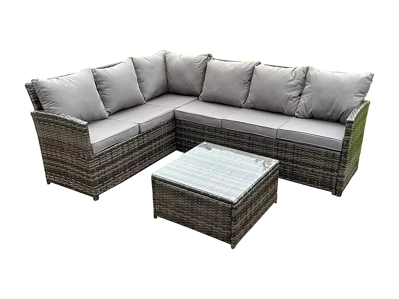 Hoher Rücken Dunkelgrau gemischt Rattan Ecksofa Set Gartenmöbel Quadratischer Couchtisch 6 Sitzer