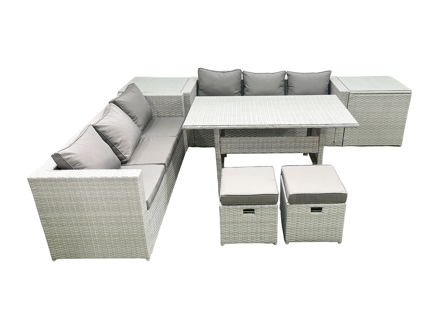 Fimous Rattan Garden Furniture Set 8 Seater Outdoor Sofa Set with Dining Table 2 Side Tables 2 Small Footstools Light Grey Mixed