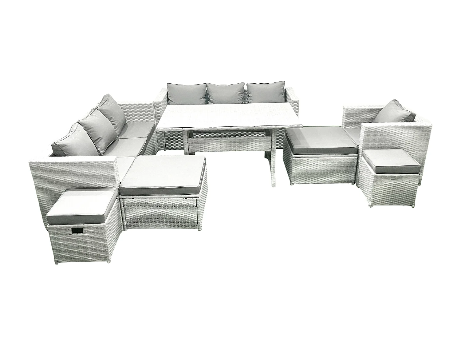 Fimous Rattan Garden Furniture Dining Set 11 Seater Lounge Sofa Chair Dining Table Set with 4 Footstools Light Grey Mixed