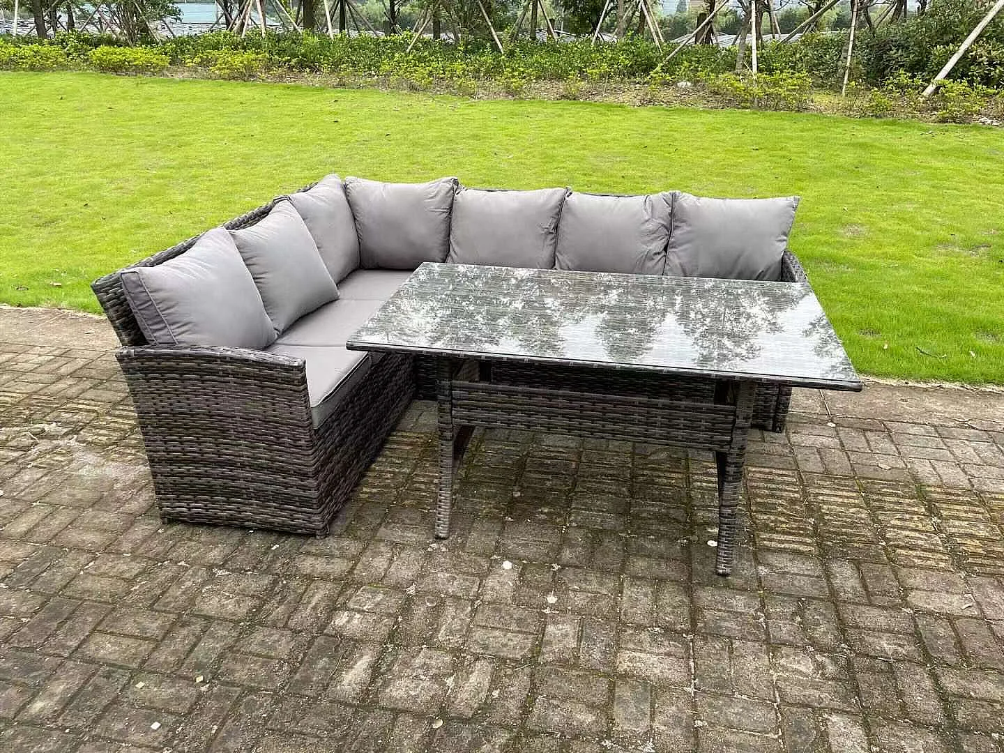 Hoher Rücken Dunkelgrau gemischt Rattan Ecksofa Set Gartenmöbel Rechteckiger Esstisch 6 Sitzer