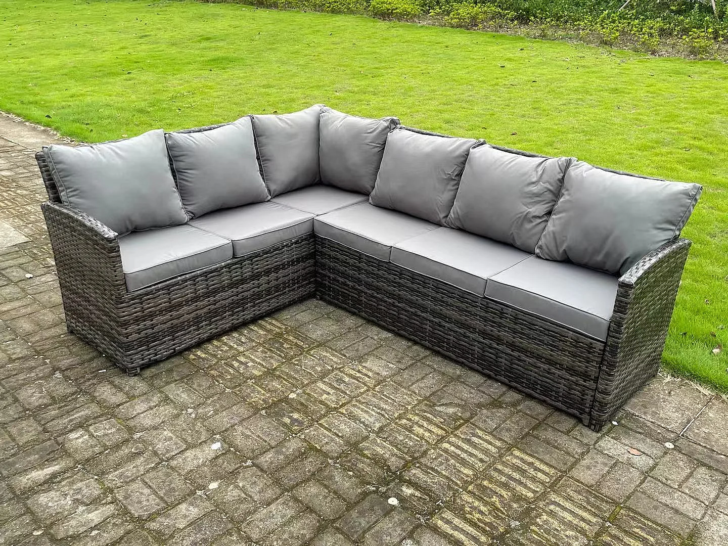 Hoher Rücken Dunkelgrau gemischt Rattan Ecksofa Set Gartenmöbel Rechteckiger Esstisch 6 Sitzer