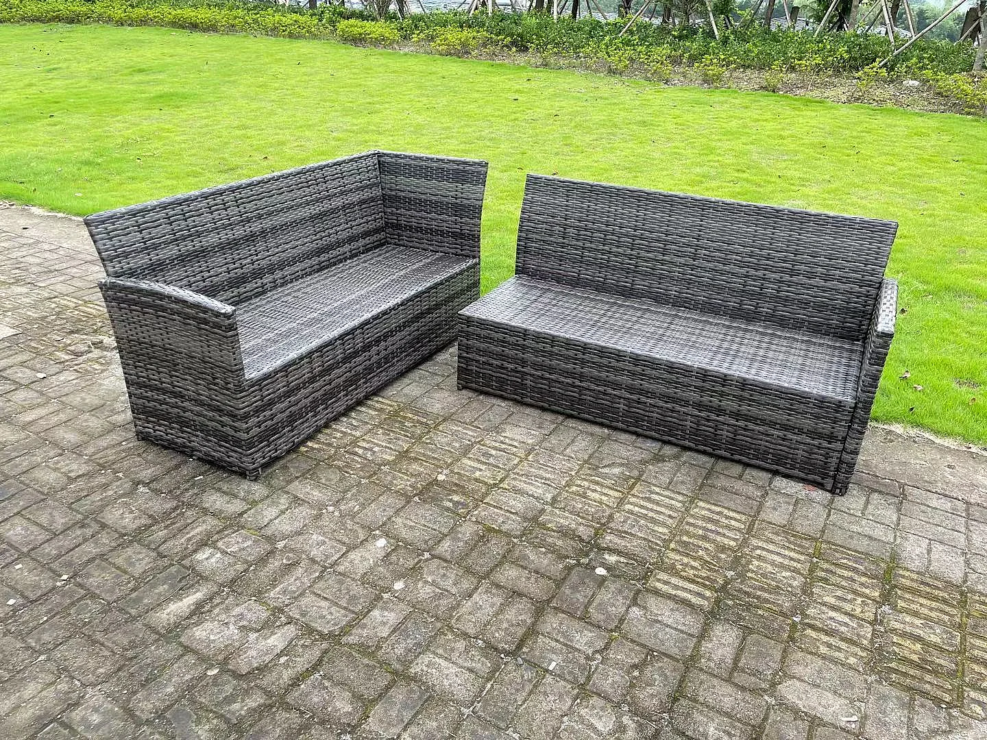 Hoher Rücken Dunkelgrau gemischt Rattan Ecksofa Set Gartenmöbel Rechteckiger Esstisch 6 Sitzer