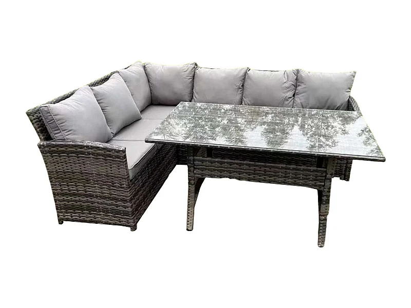 Hoher Rücken Dunkelgrau gemischt Rattan Ecksofa Set Gartenmöbel Rechteckiger Esstisch 6 Sitzer