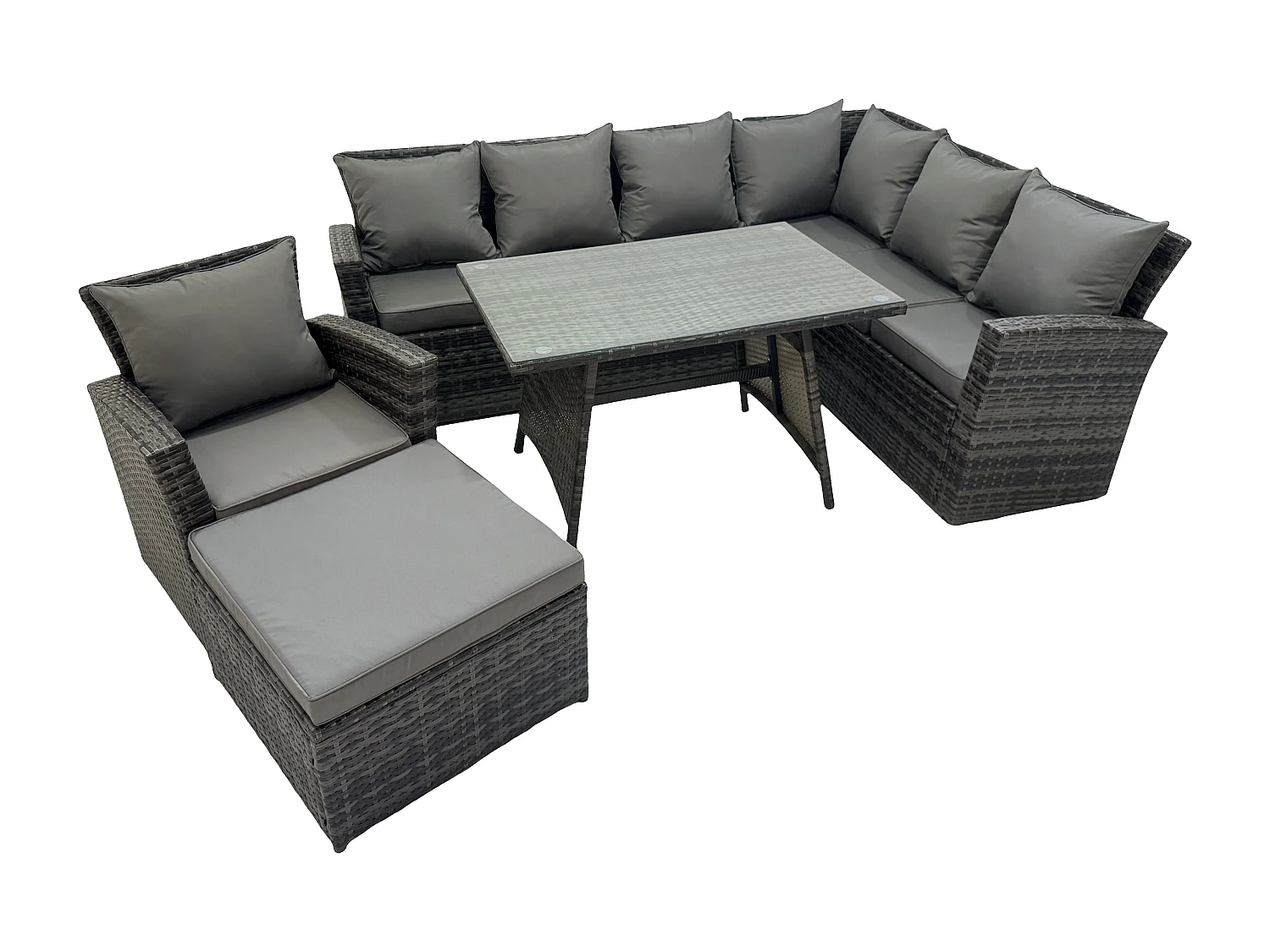 Fimous High Back Outdoor Garden Furniture Set Rattan Corner Sofa Dining Table Set With Armchair Big Footstool 8 Seater Dark Grey Mixed