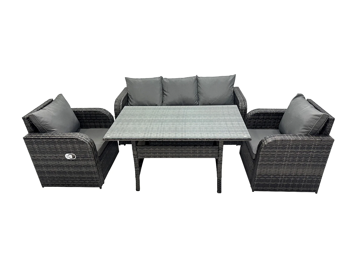 Fimous Dark Grey PE Wicker Rattan Garden Furniture Set 3 Seater Lounge Sofa Reclining Chair Outdoor Rectangular Dining Table 5 Seater