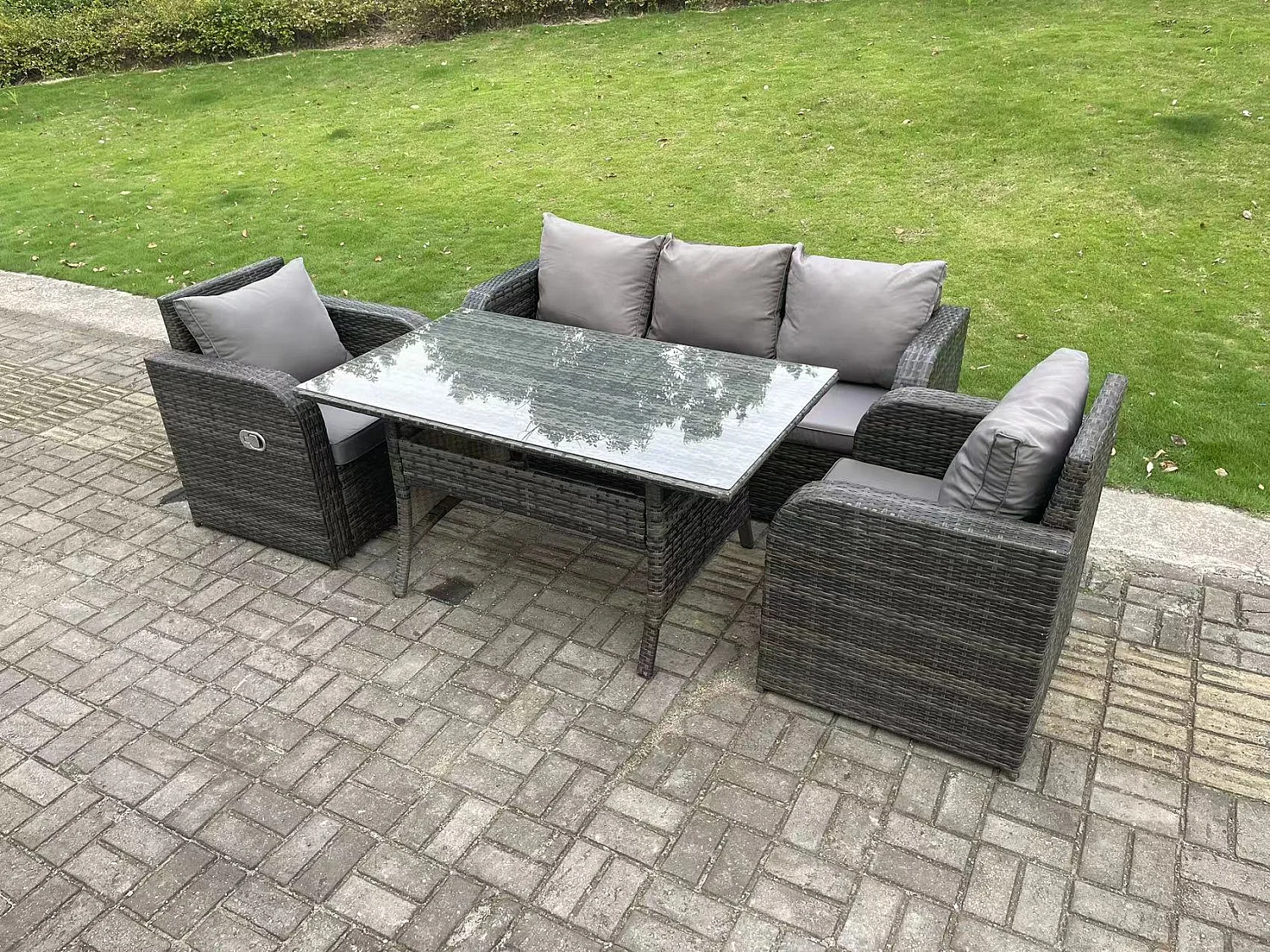 Fimous Dark Grey PE Wicker Rattan Garden Furniture Set 3 Seater Lounge Sofa Reclining Chair Outdoor Rectangular Dining Table 5 Seater