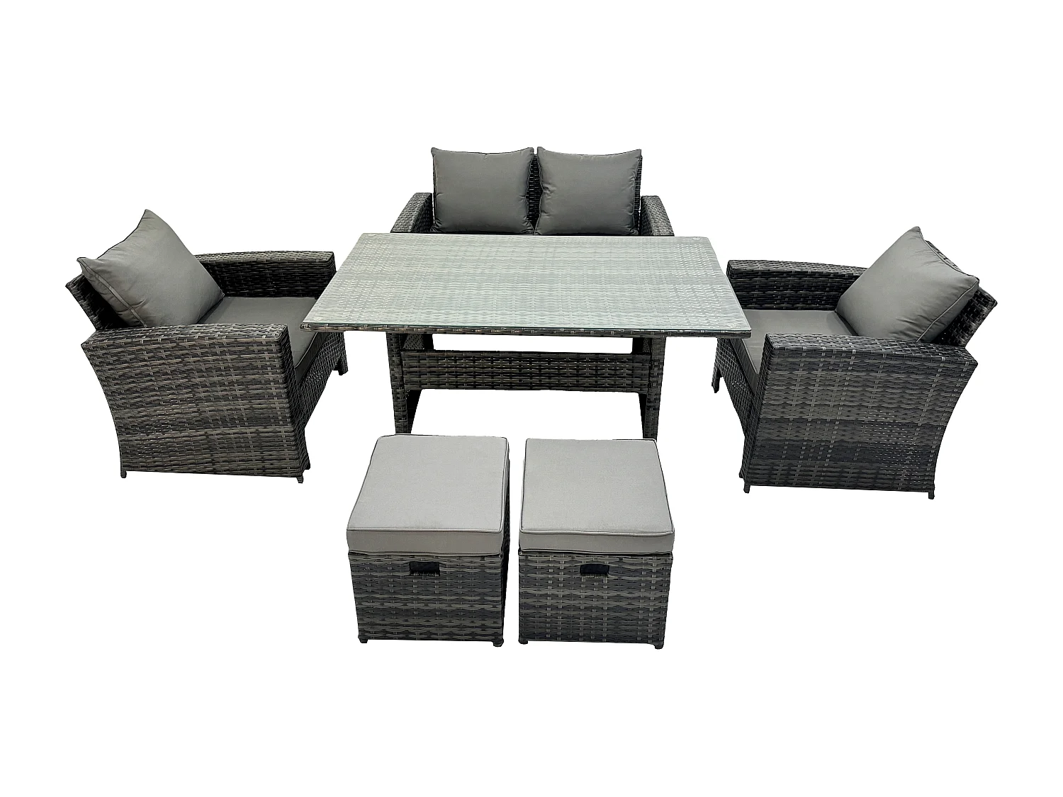6 Sitzer Polyrattan Gartenmöbel Set Terrassenmöbel Set mit Rattan Rechteckiger Esstisch Lounge Sofa mit 2 kleine Fußhockern