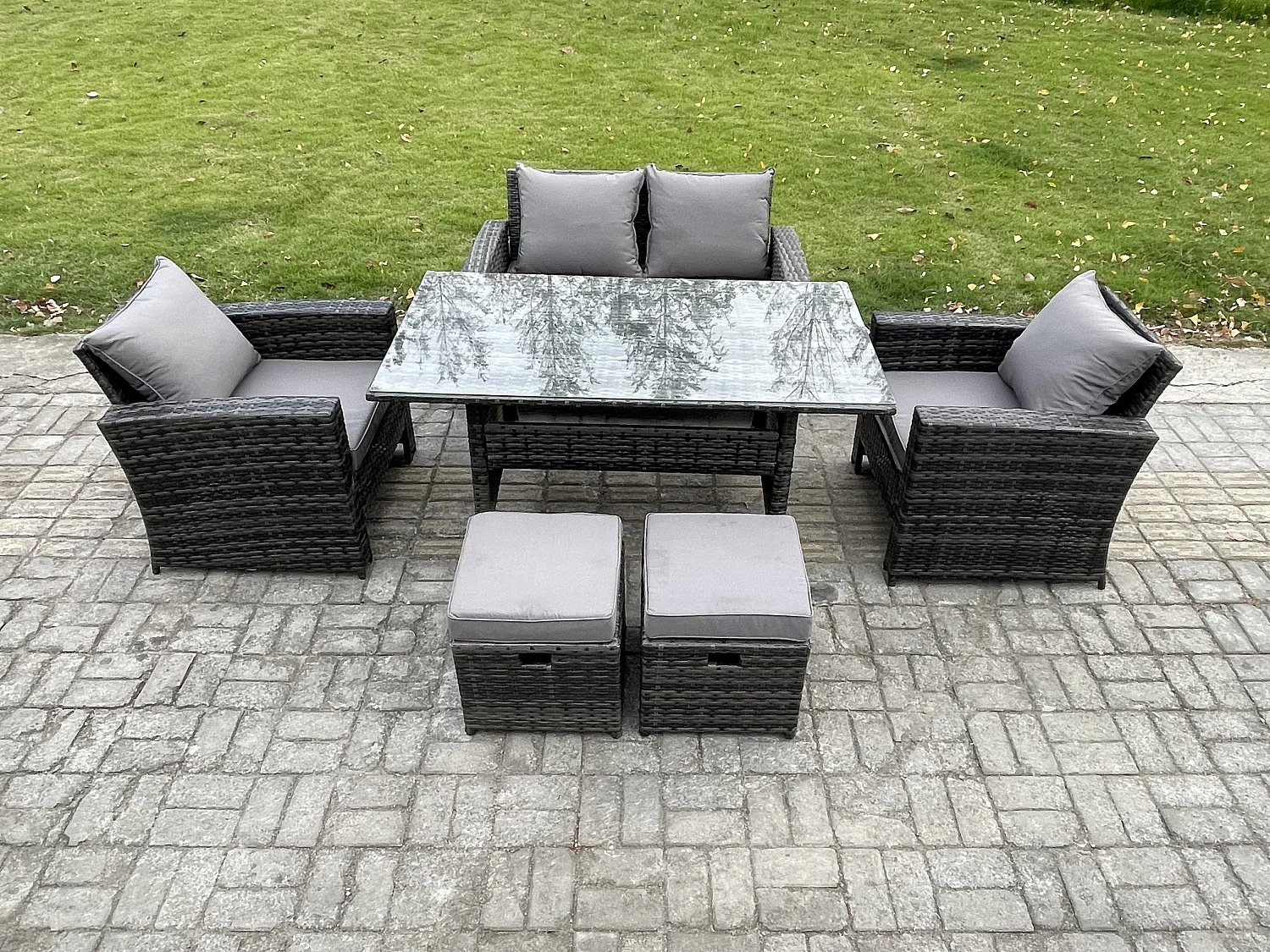 6 Sitzer Polyrattan Gartenmöbel Set Terrassenmöbel Set mit Rattan Rechteckiger Esstisch Lounge Sofa mit 2 kleine Fußhockern
