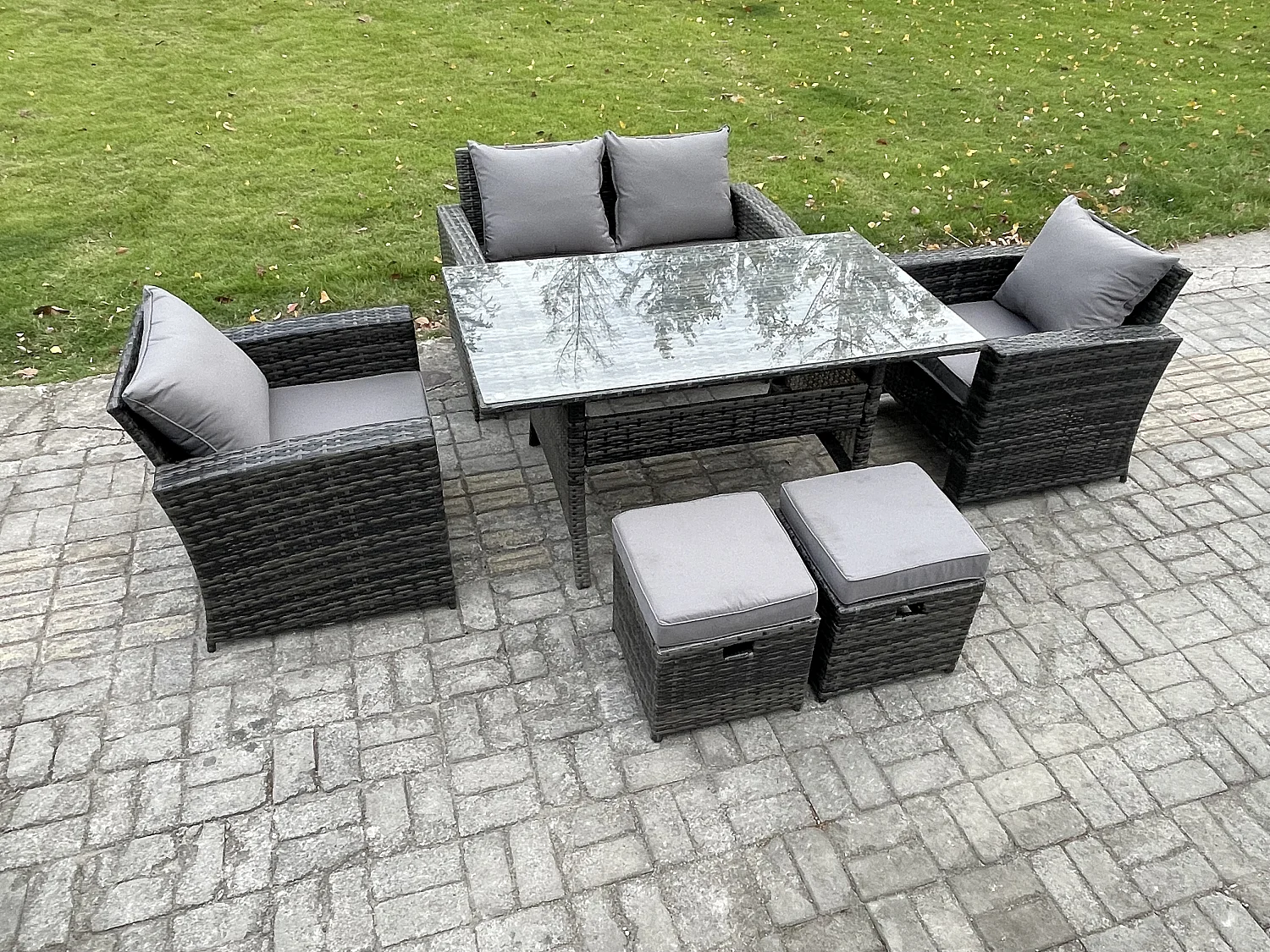 6 Sitzer Polyrattan Gartenmöbel Set Terrassenmöbel Set mit Rattan Rechteckiger Esstisch Lounge Sofa mit 2 kleine Fußhockern