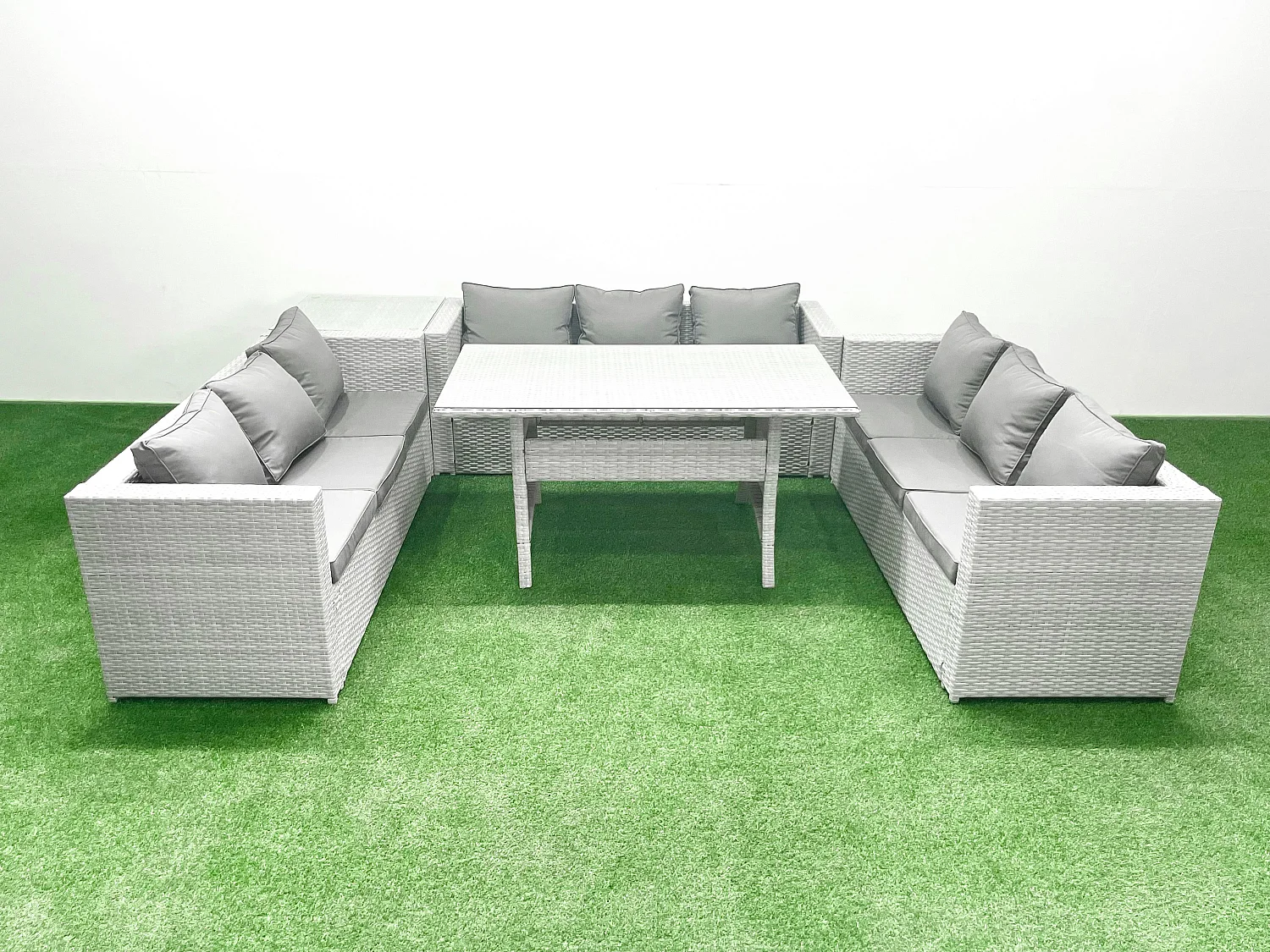 Fimous Rattan Garden Outdoor Furniture Set 9 Seater Garden Sofa Rectangulr Dining Table Set with Side Table Light Grey Mixed