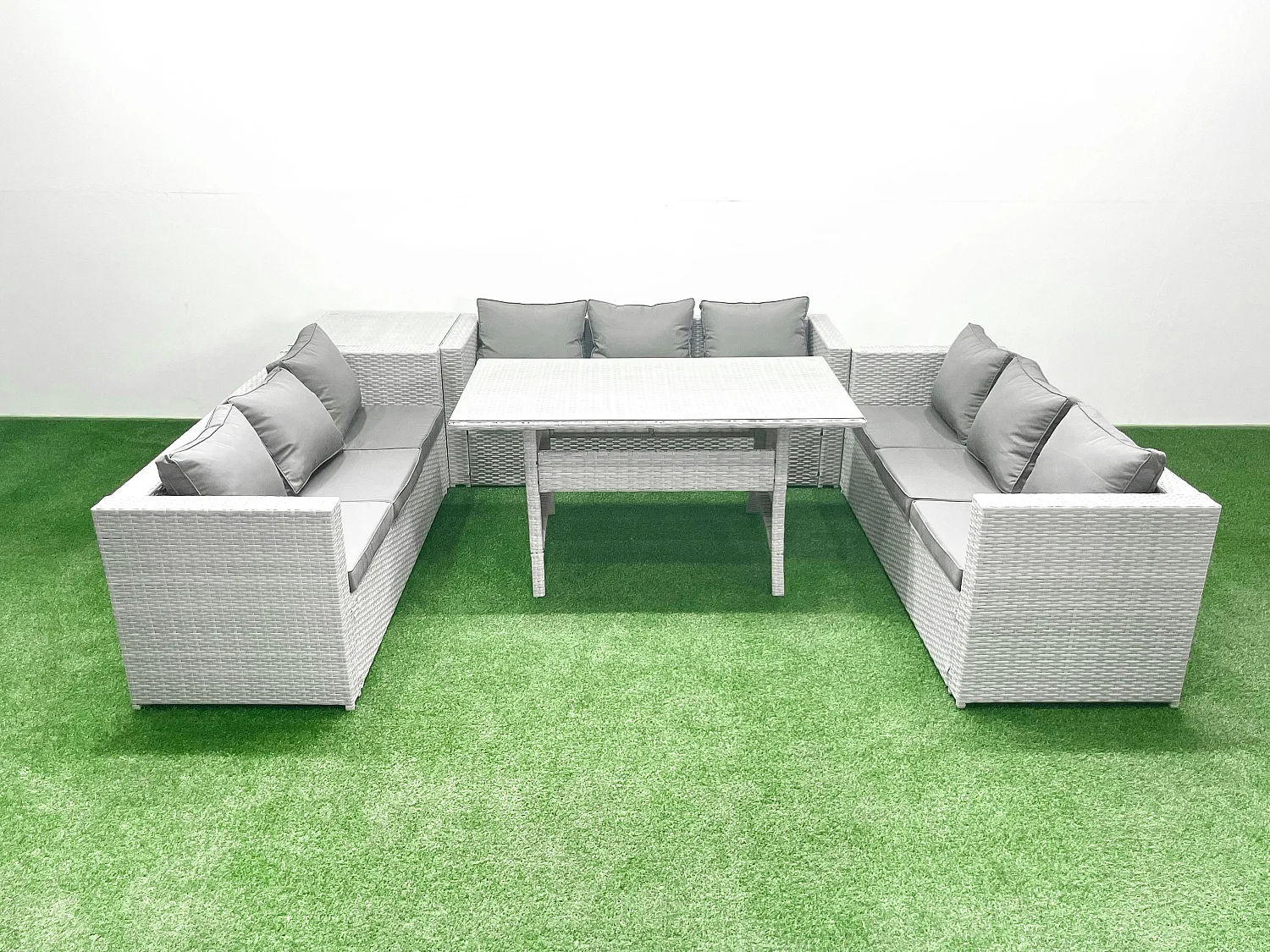 Fimous Rattan Garden Outdoor Furniture Set 9 Seater Garden Sofa Rectangulr Dining Table Set with Side Table Light Grey Mixed
