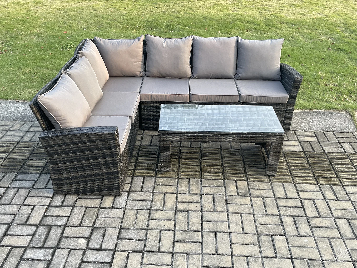 6 Seat Outdoor Gartenmöbel-Set Ecksofa Set Terrassen Sofa Tisch Set Dunkelgrau gemischt