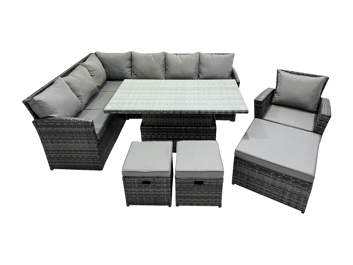 Fimous Outdoor Garden Furniture Set Wicker PE Rattan Height Adjustable Rising Lifting Table Sofa Dining Set with 3 Footstools Armchair Dark Grey Mixed