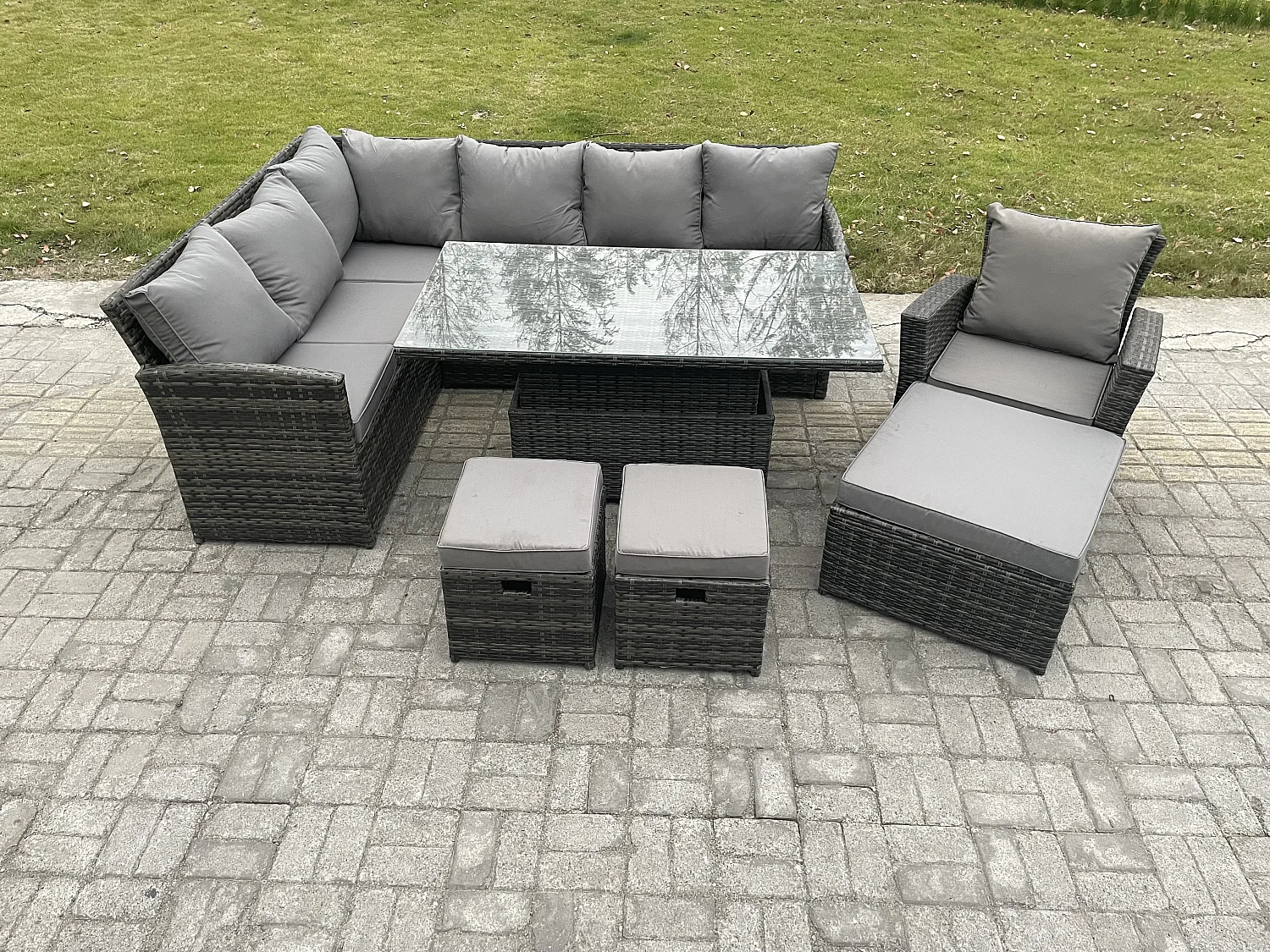 Fimous Outdoor Garden Furniture Set Wicker PE Rattan Height Adjustable Rising Lifting Table Sofa Dining Set with 3 Footstools Armchair Dark Grey Mixed
