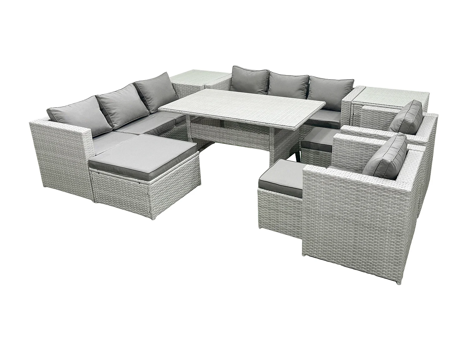 Fimous Rattan Garden Furniture Set Outdoor 8 Seater Patio Dinin g Sofa Sets with Dining Table 2 Chairs 2 Side Tables 3 Footstools Light Grey Mixed