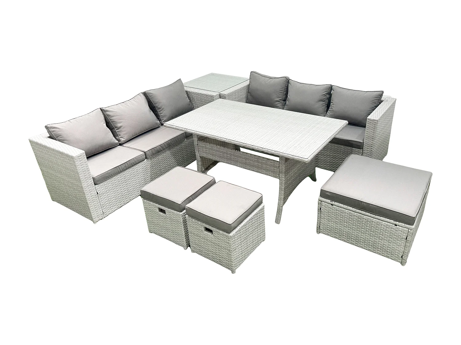 Fimous Rattan Garden Furniture Set 9 Seater Outdoor Sofa Set with Dining Table Side Table 3 Footstools Light Grey Mixed