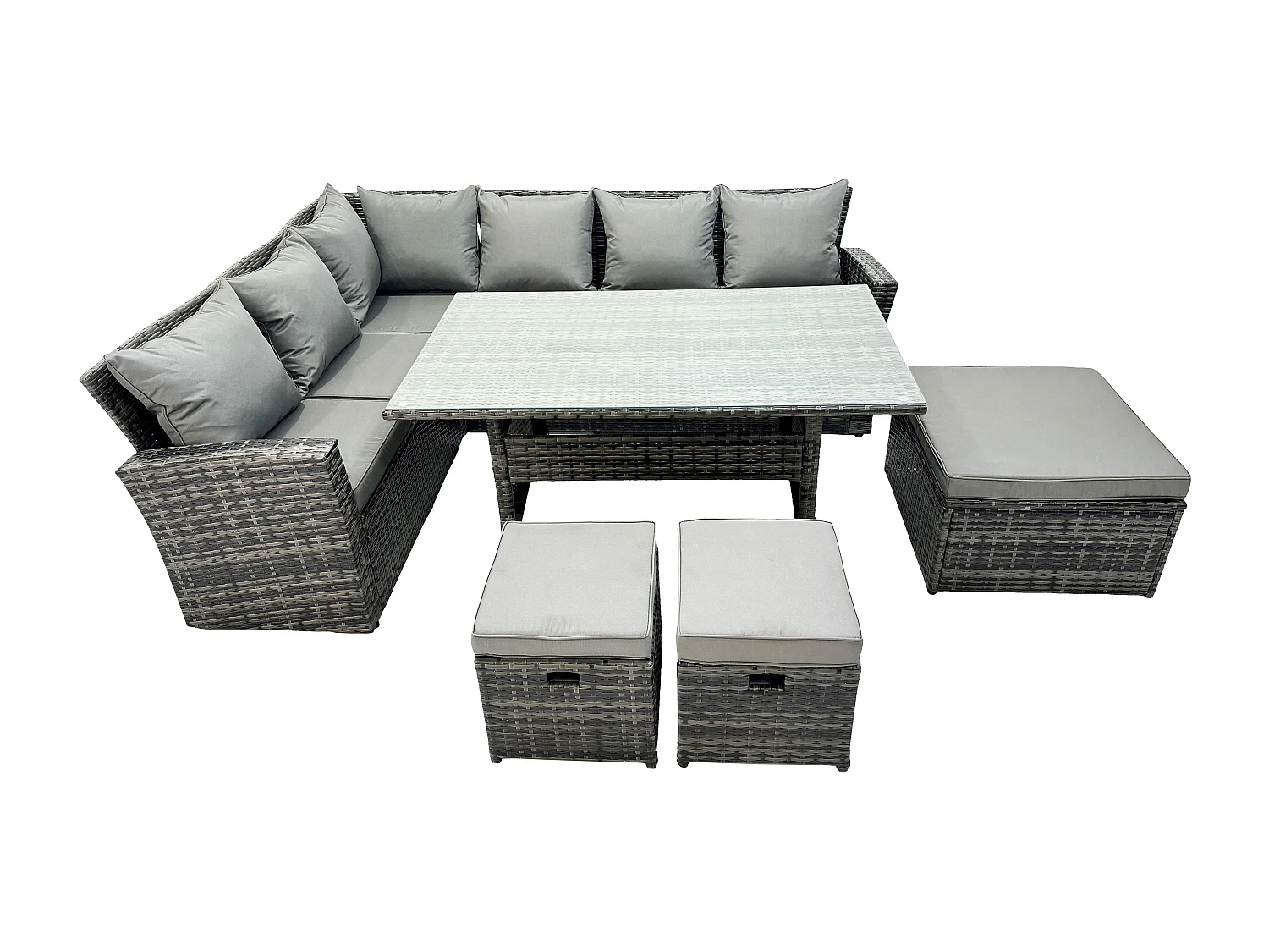 Fimous 9 Seater Garden Rattan Furniture Corner Dining Set with 3 Footstools Indoor Outdoor Lounge Sofa Set Dark Grey Mixed