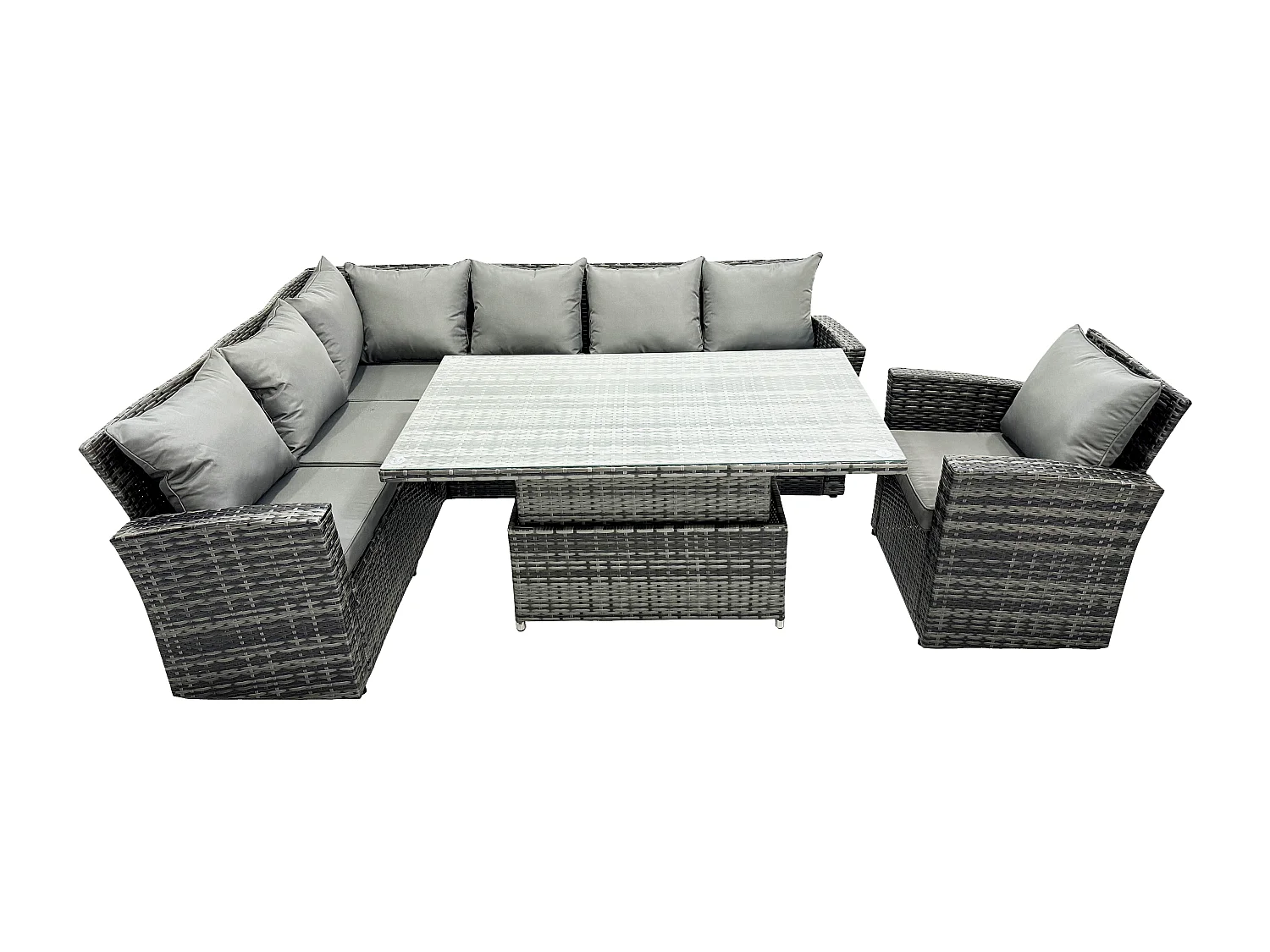 Fimous High Back PE Rattan Corner Sofa Set Garden Furniture Adjustable Rising Lifting Table Set With Chair