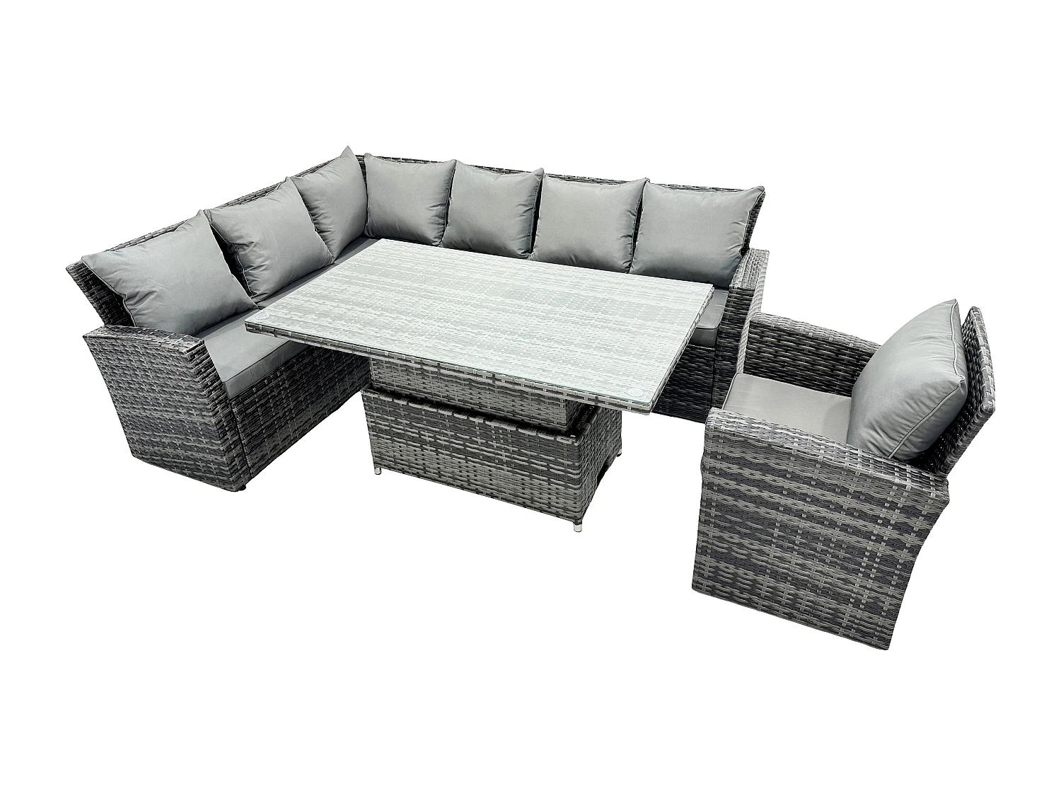 Fimous High Back PE Rattan Corner Sofa Set Garden Furniture Adjustable Rising Lifting Table Set With Chair