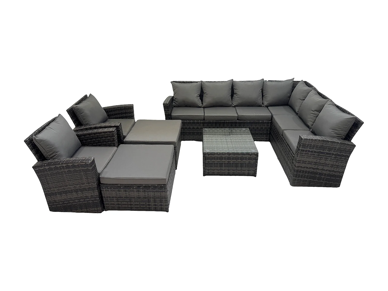 Fimous 10 Seat Rattan Garden Furniture Corner Sofa Set Outdoor Patio Sofa Table Set with 2 Big Footstool 2 Armchairs Dark Grey Mixed