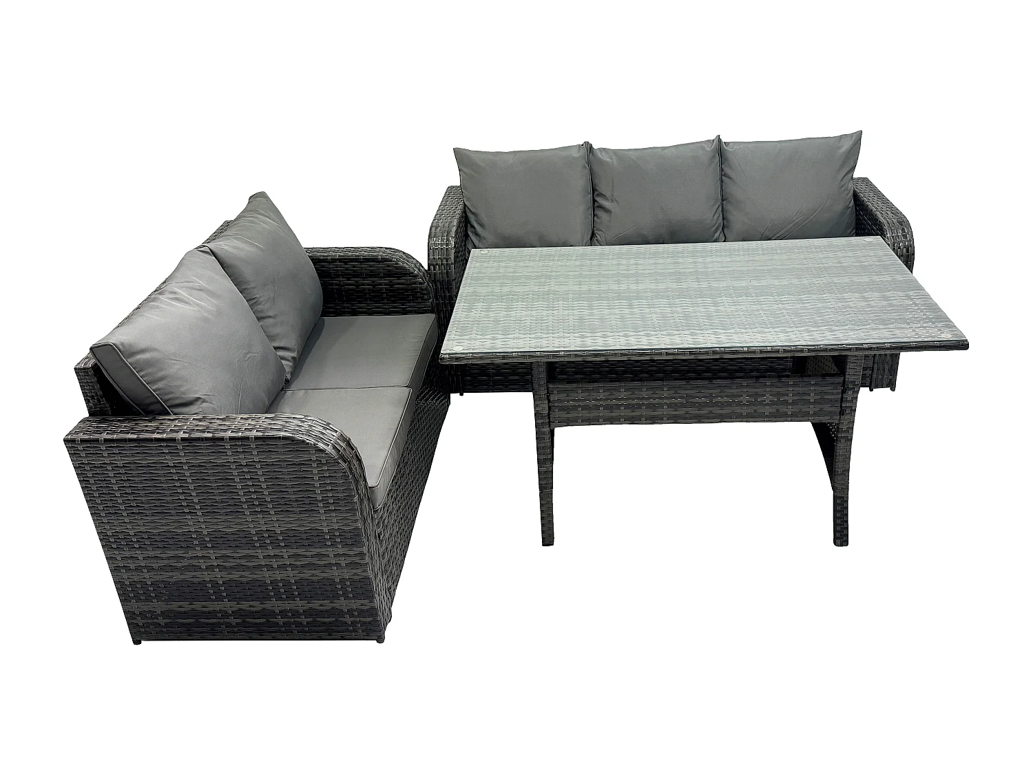 Fimous Outdoor Garden Patio Furniture Wicker Rattan Oblong Rectangular Dining Table and Lounge Sofa set Dark Grey Mixed