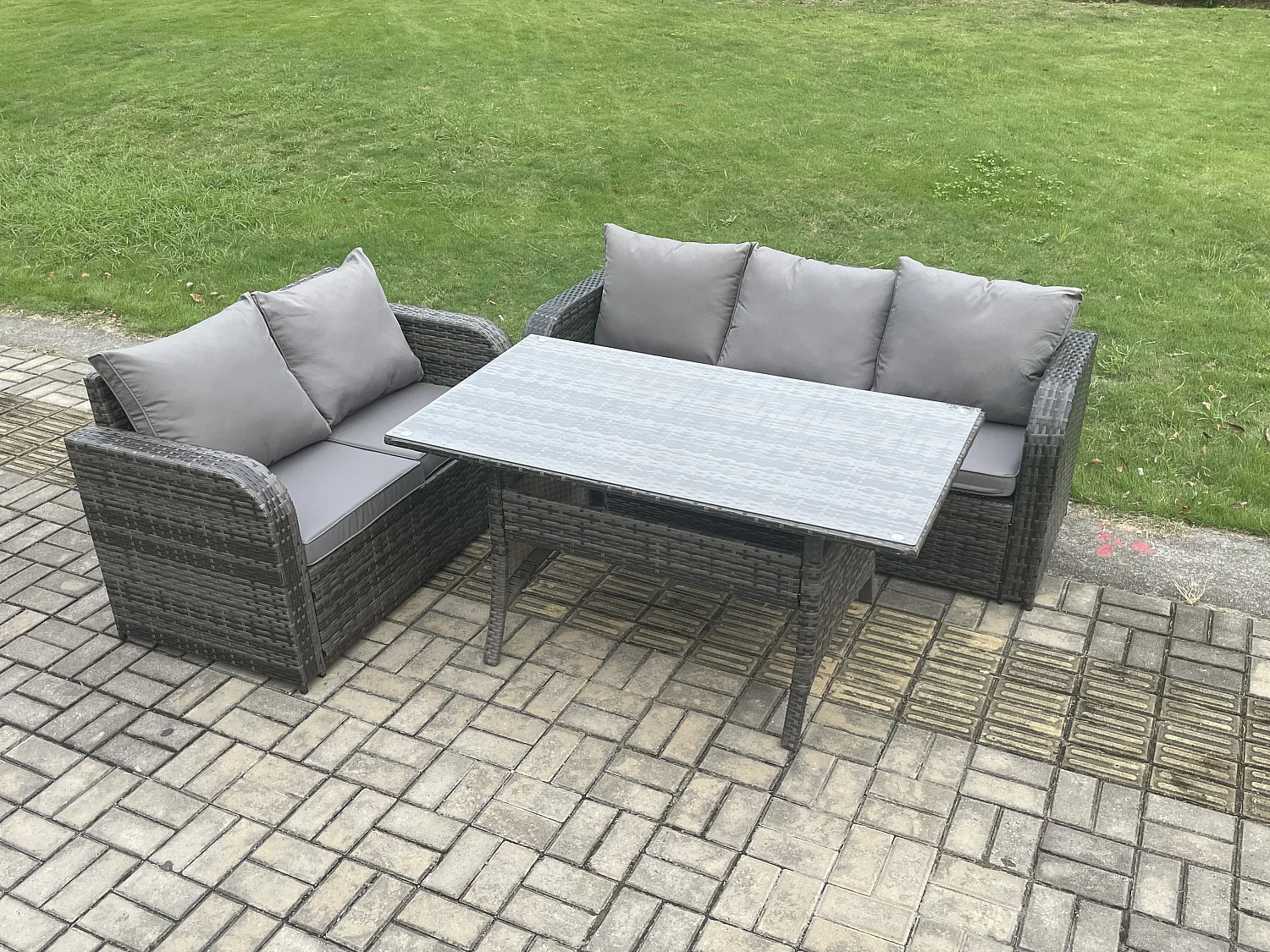 Fimous Outdoor Garden Patio Furniture Wicker Rattan Oblong Rectangular Dining Table and Lounge Sofa set Dark Grey Mixed