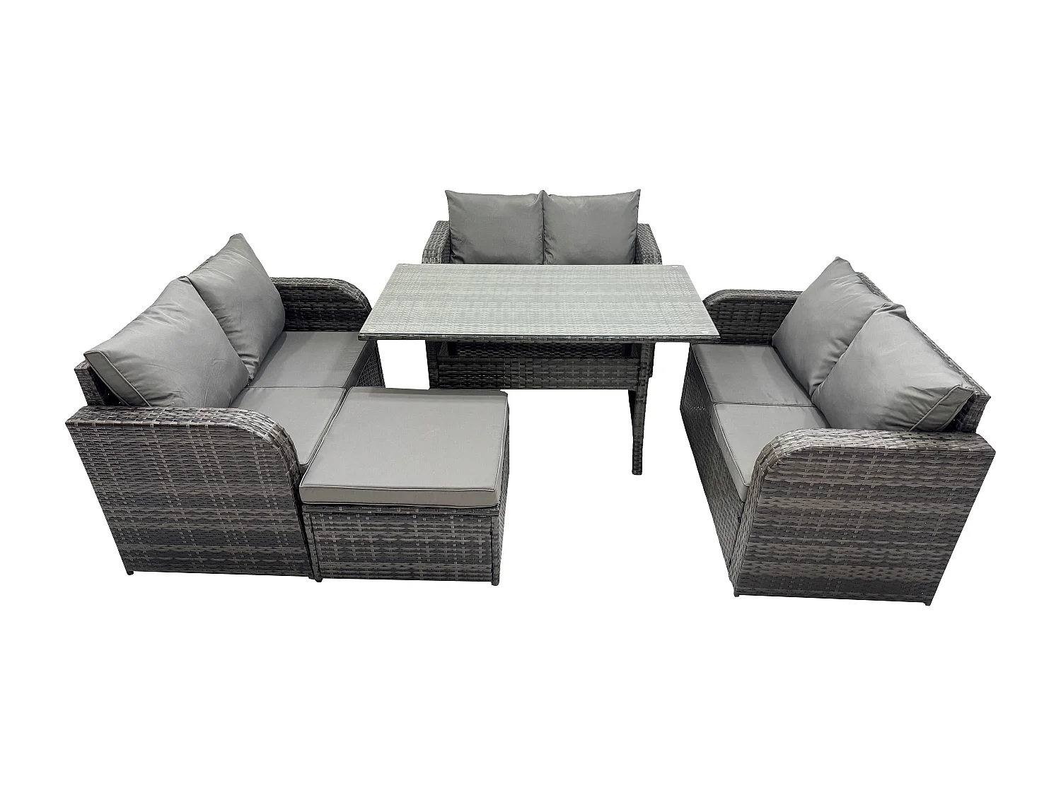 Fimous Wicker PE Rattan Sofa Outdoor Garden Furniture Set with Rectangular Dining Table Big Footstool Dark Grey Mixed