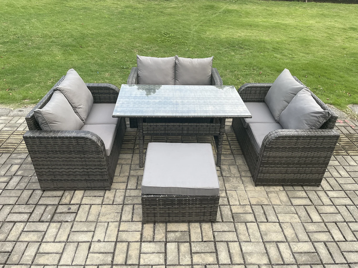 Fimous Wicker PE Rattan Sofa Outdoor Garden Furniture Set with Rectangular Dining Table Big Footstool Dark Grey Mixed