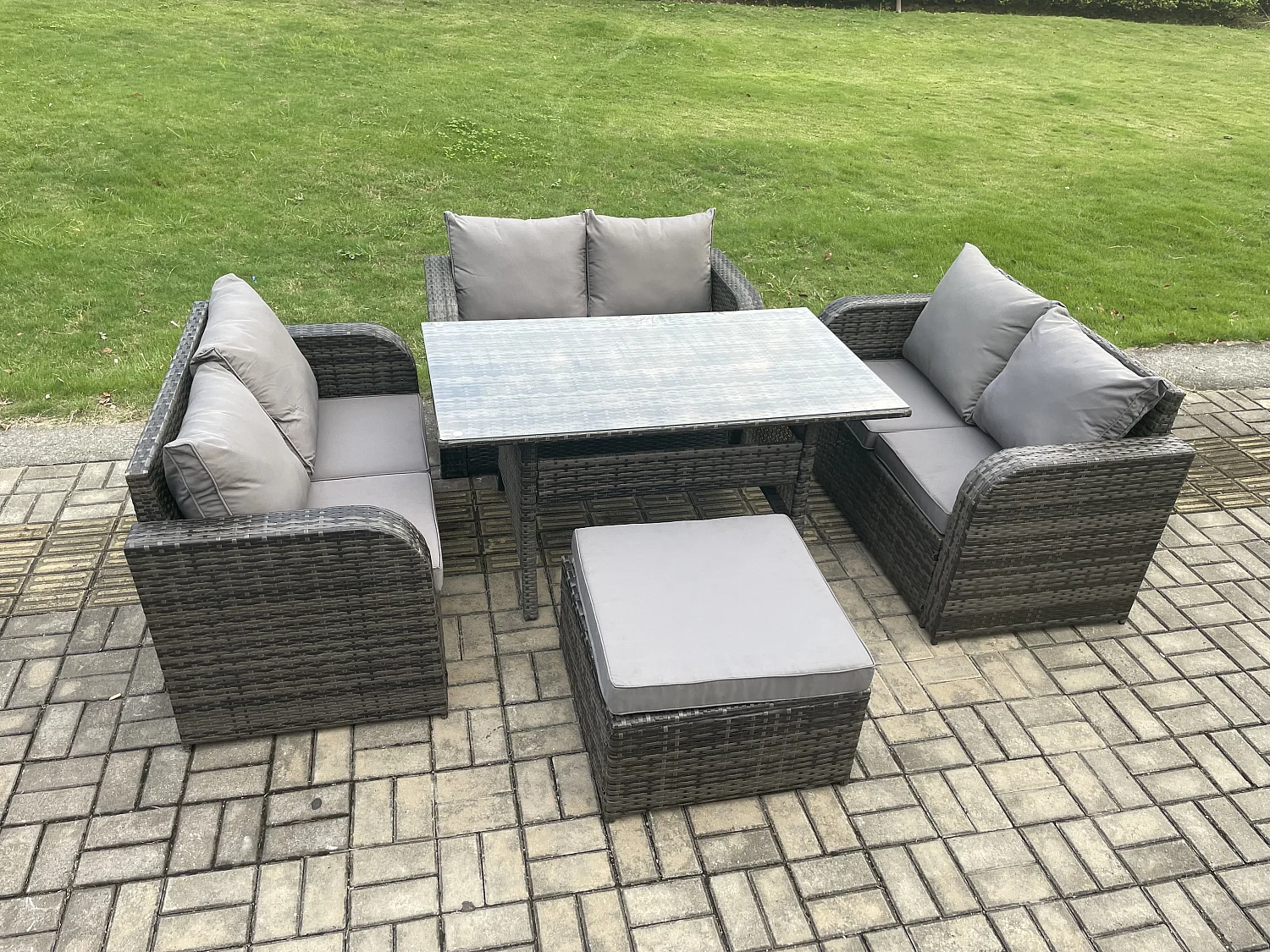 Fimous Wicker PE Rattan Sofa Outdoor Garden Furniture Set with Rectangular Dining Table Big Footstool Dark Grey Mixed