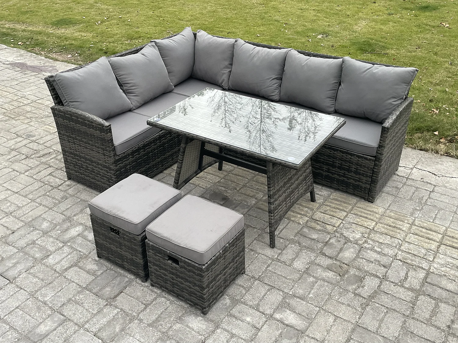 Outdoor Gartenmöbel-Set Ecksofa Set mit Länglicher Esstisch 2 kleine Fußhockern 8 Sitzer Dunkelgrau gemischt