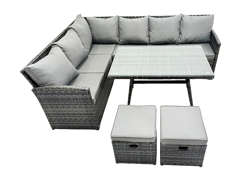 Outdoor Gartenmöbel-Set Ecksofa Set mit Länglicher Esstisch 2 kleine Fußhockern 8 Sitzer Dunkelgrau gemischt