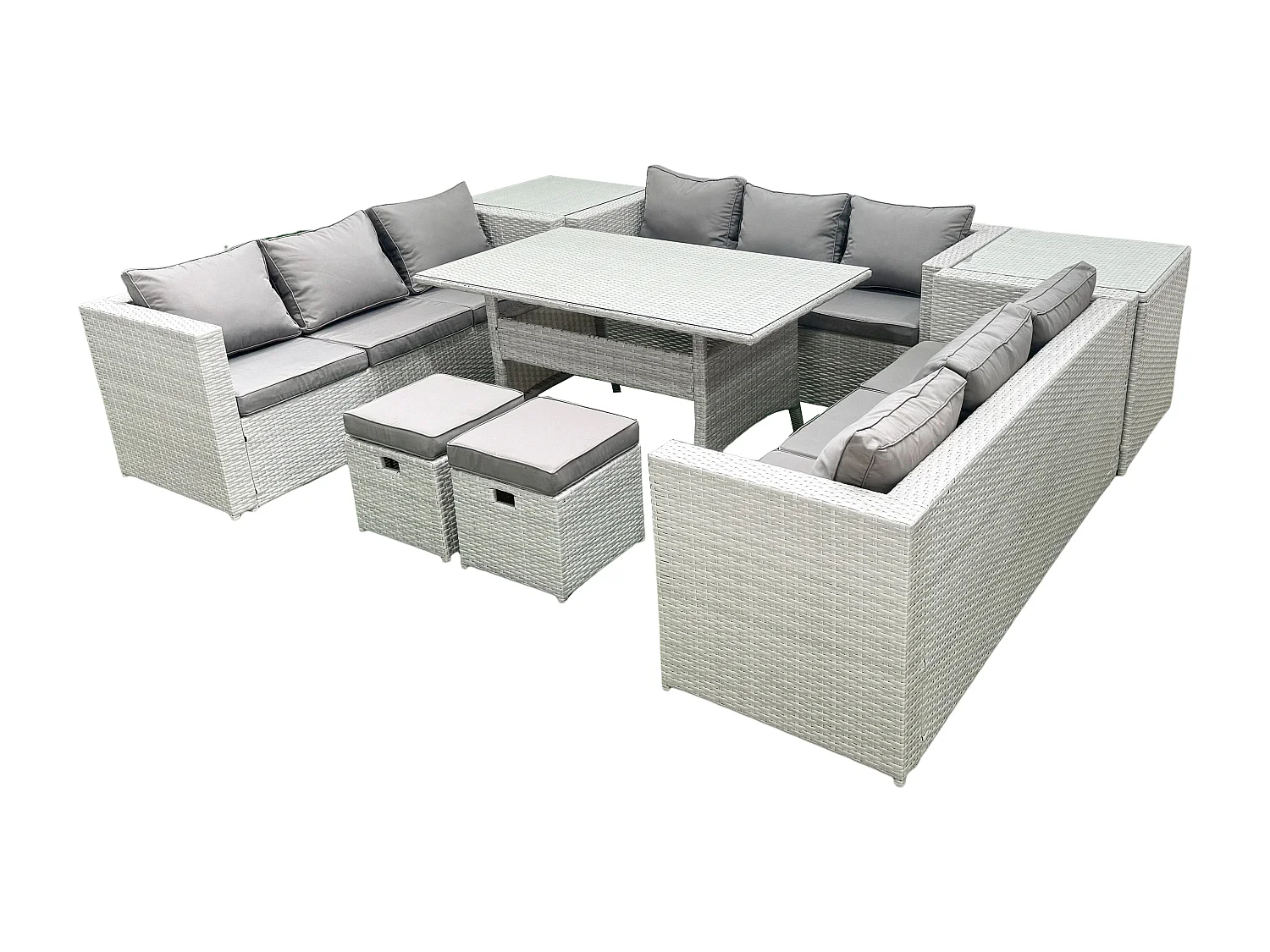 Fimous Rattan Garden Outdoor Furniture Set 11 Seater Garden Sofa Rectangulr Dining Table Set with 2 Small Footstool 2 Side Tables Light Grey Mixed