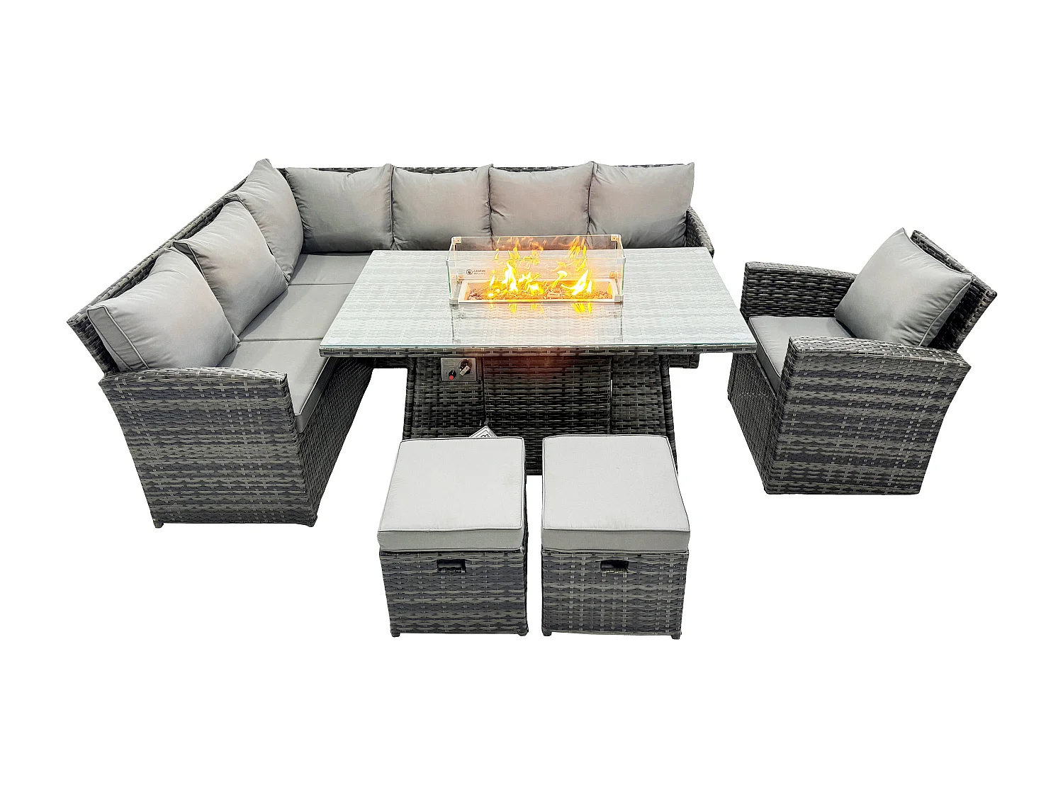Fimous Rattan Garden Furniture High Back Corner Sofa Gas Fire Pit Dining Table Sets Gas Heater with Armchair 2 Small Footstools 9 Seater Dark Grey Mixed