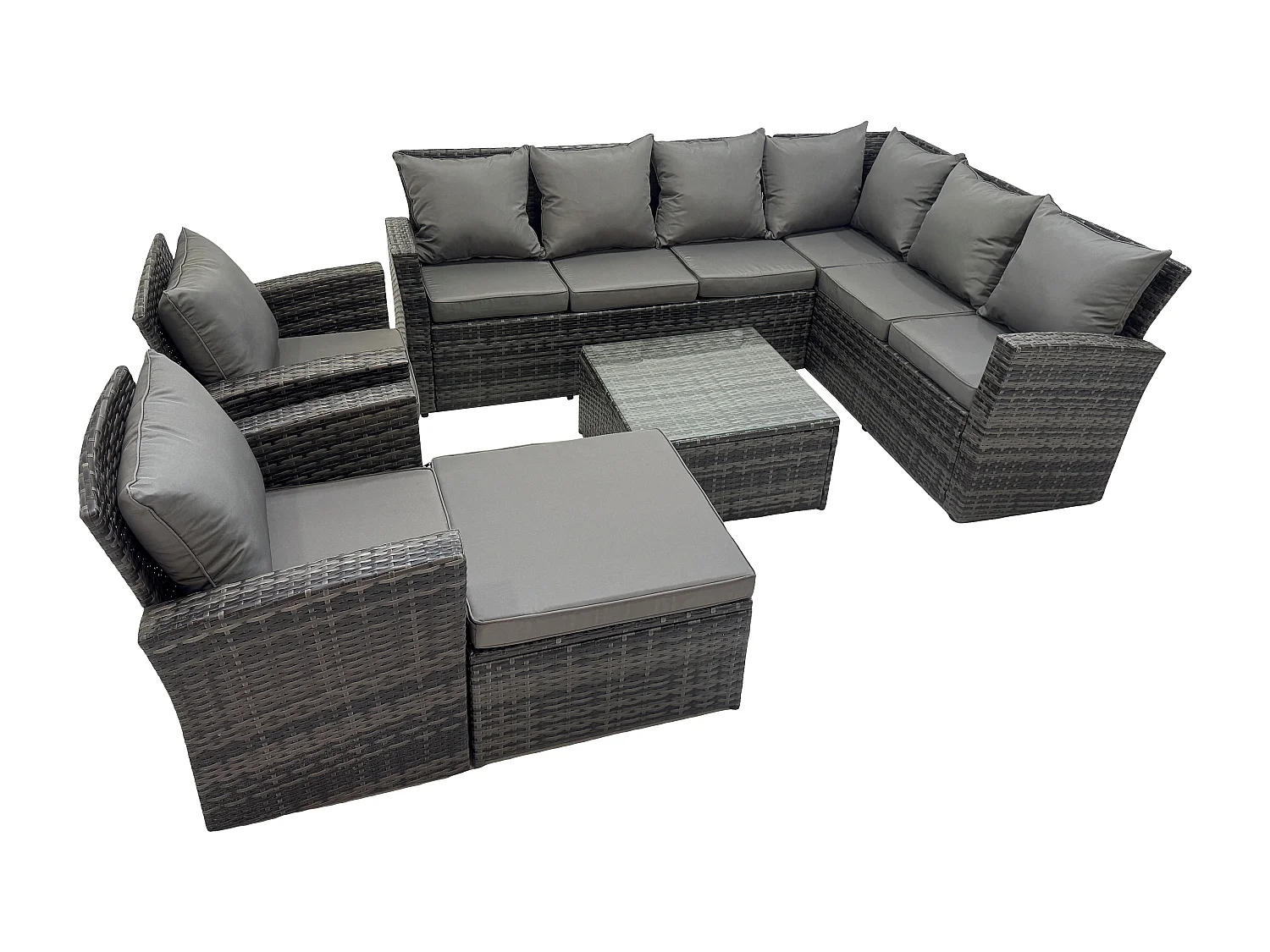 Fimous 9 Seat Rattan Garden Furniture Corner Sofa Set Outdoor Patio Sofa Table Set with Big Footstool 2 Armchairs Dark Grey Mixed
