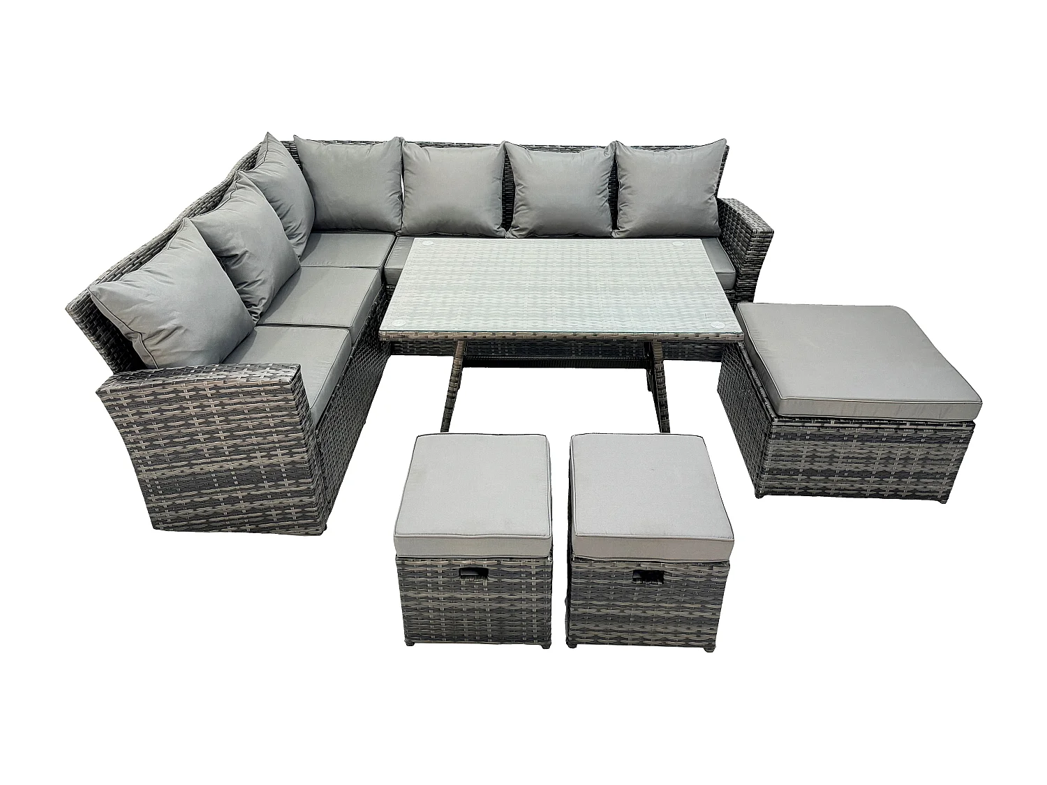 9 Sitzer Hoher Rücken Rattan Gartenmöbel-Set Ecksofa mit Länglicher Esstisch 3 Hockern