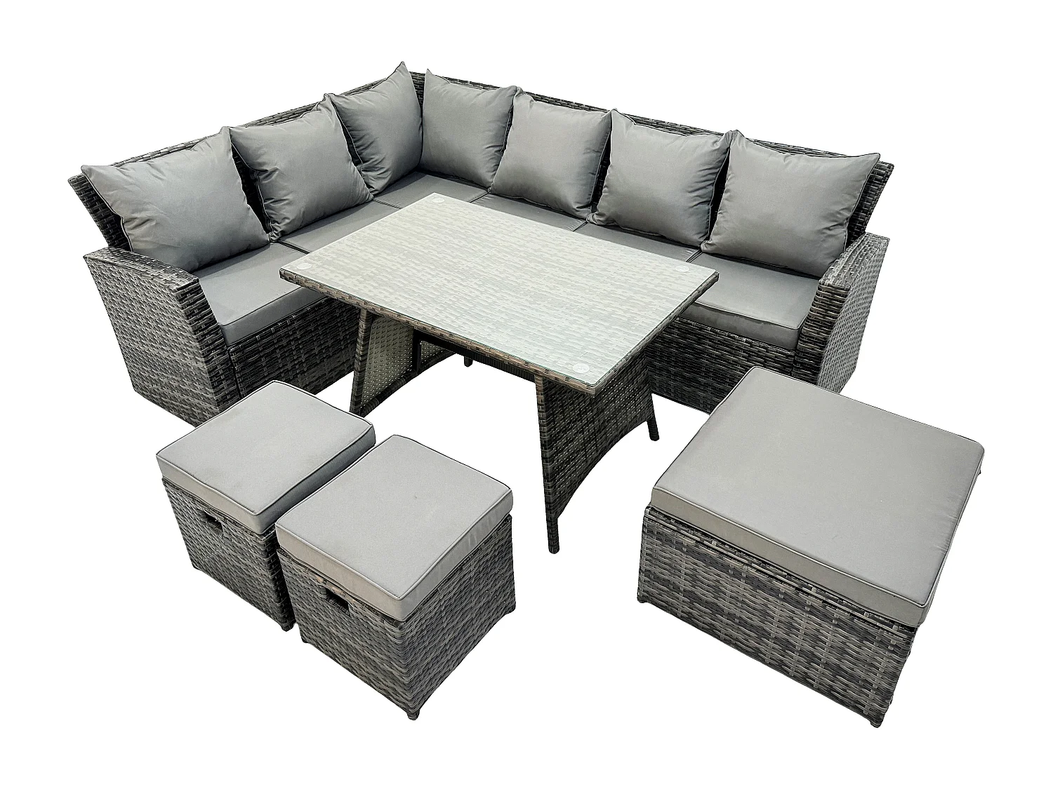 9 Sitzer Hoher Rücken Rattan Gartenmöbel-Set Ecksofa mit Länglicher Esstisch 3 Hockern