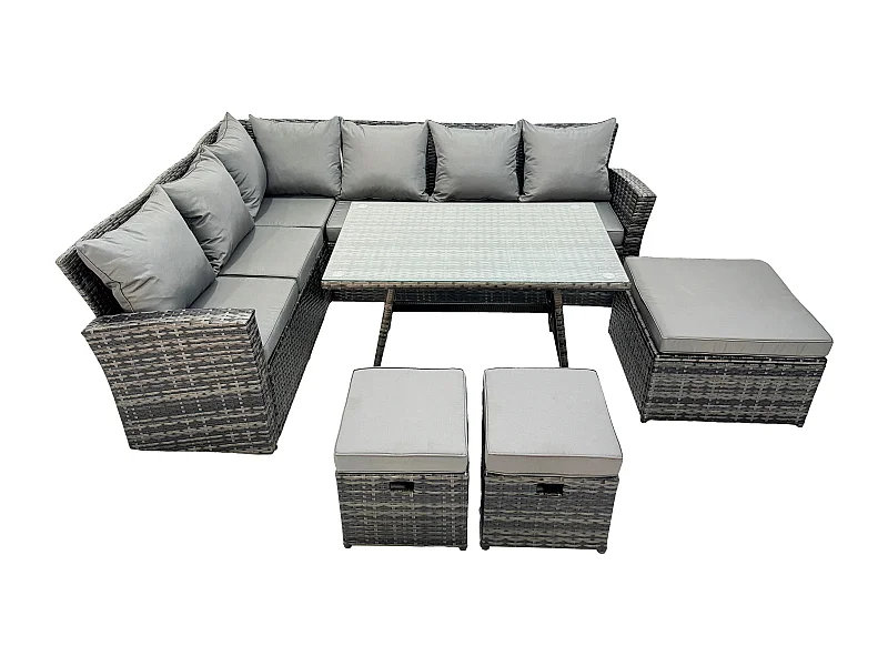 9 Sitzer Hoher Rücken Rattan Gartenmöbel-Set Ecksofa mit Länglicher Esstisch 3 Hockern