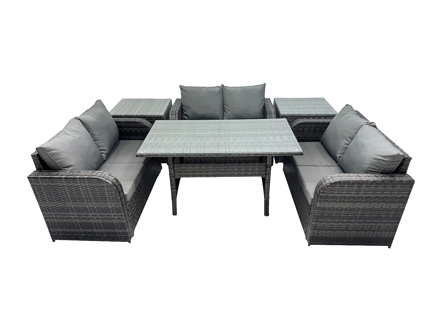 Fimous 6 Seater Outdoor Rattan Garden Furniture Set with Patio Love Sofa Rectangular Dining Table 2 Side Tables Dark Grey Mixed