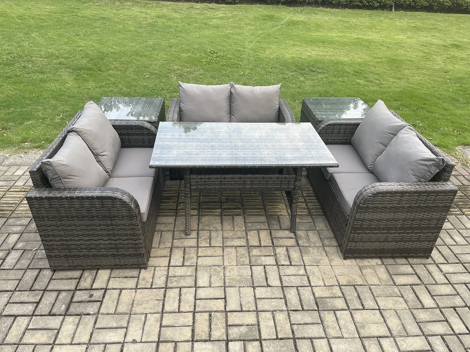 Fimous 6 Seater Outdoor Rattan Garden Furniture Set with Patio Love Sofa Rectangular Dining Table 2 Side Tables Dark Grey Mixed
