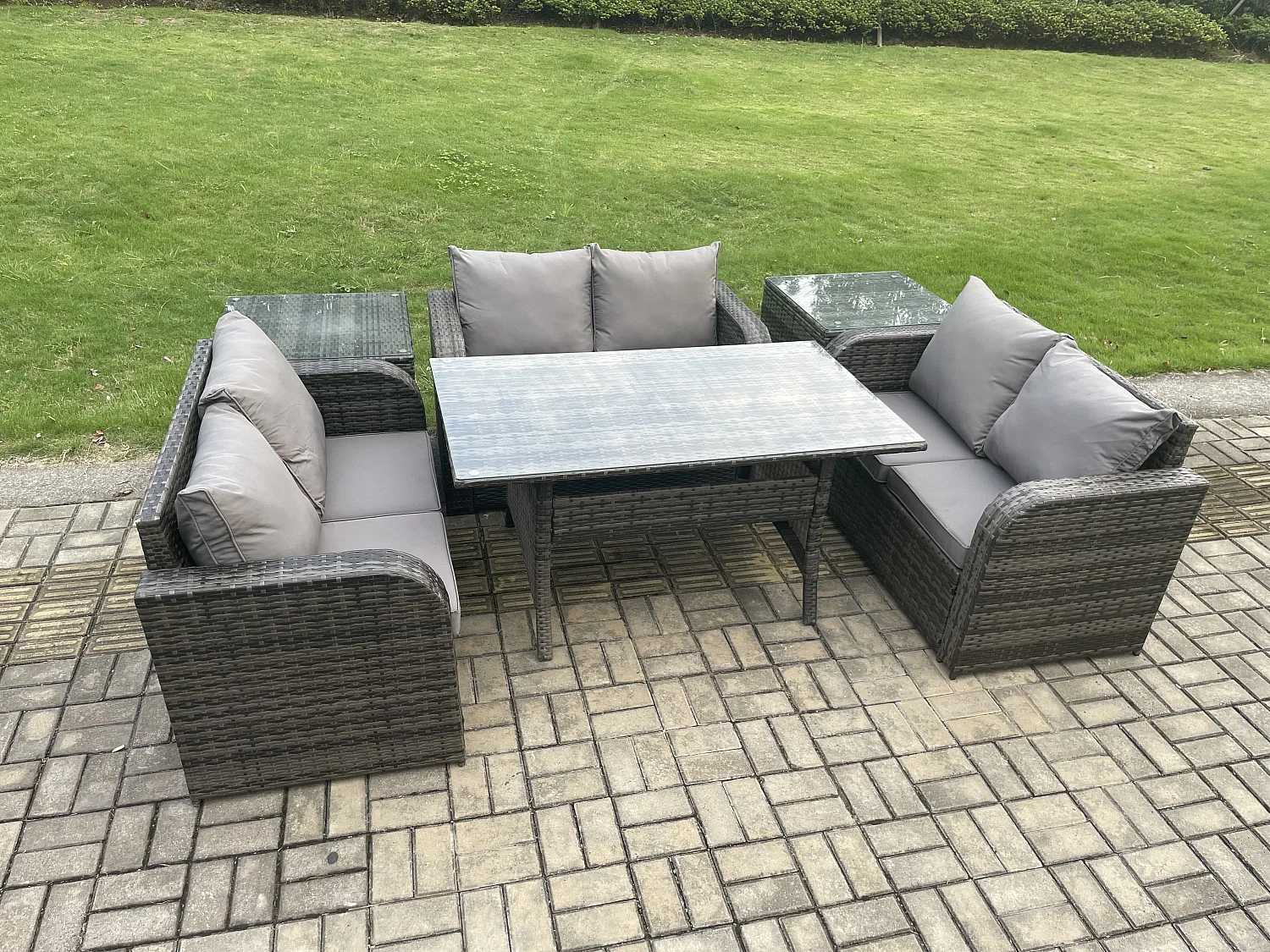 Fimous 6 Seater Outdoor Rattan Garden Furniture Set with Patio Love Sofa Rectangular Dining Table 2 Side Tables Dark Grey Mixed
