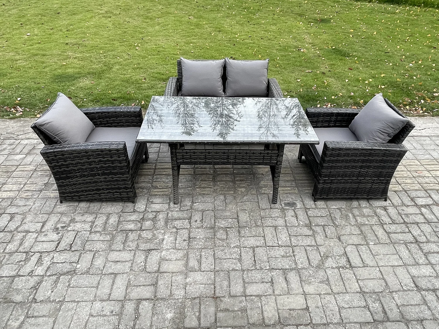 Polyrattan Gartenmöbel Set Terrassenmöbel Set mit Rattan Rechteckiger Esstisch Lounge Sofa Dunkelgrau gemischt