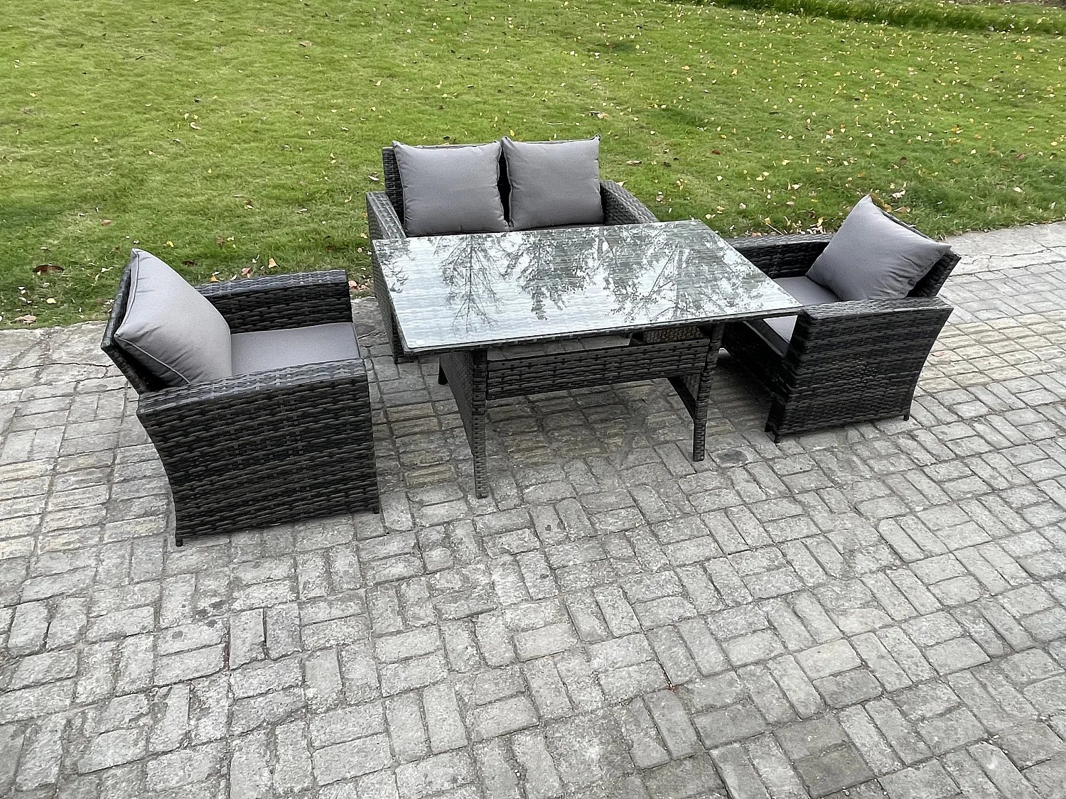 Polyrattan Gartenmöbel Set Terrassenmöbel Set mit Rattan Rechteckiger Esstisch Lounge Sofa Dunkelgrau gemischt