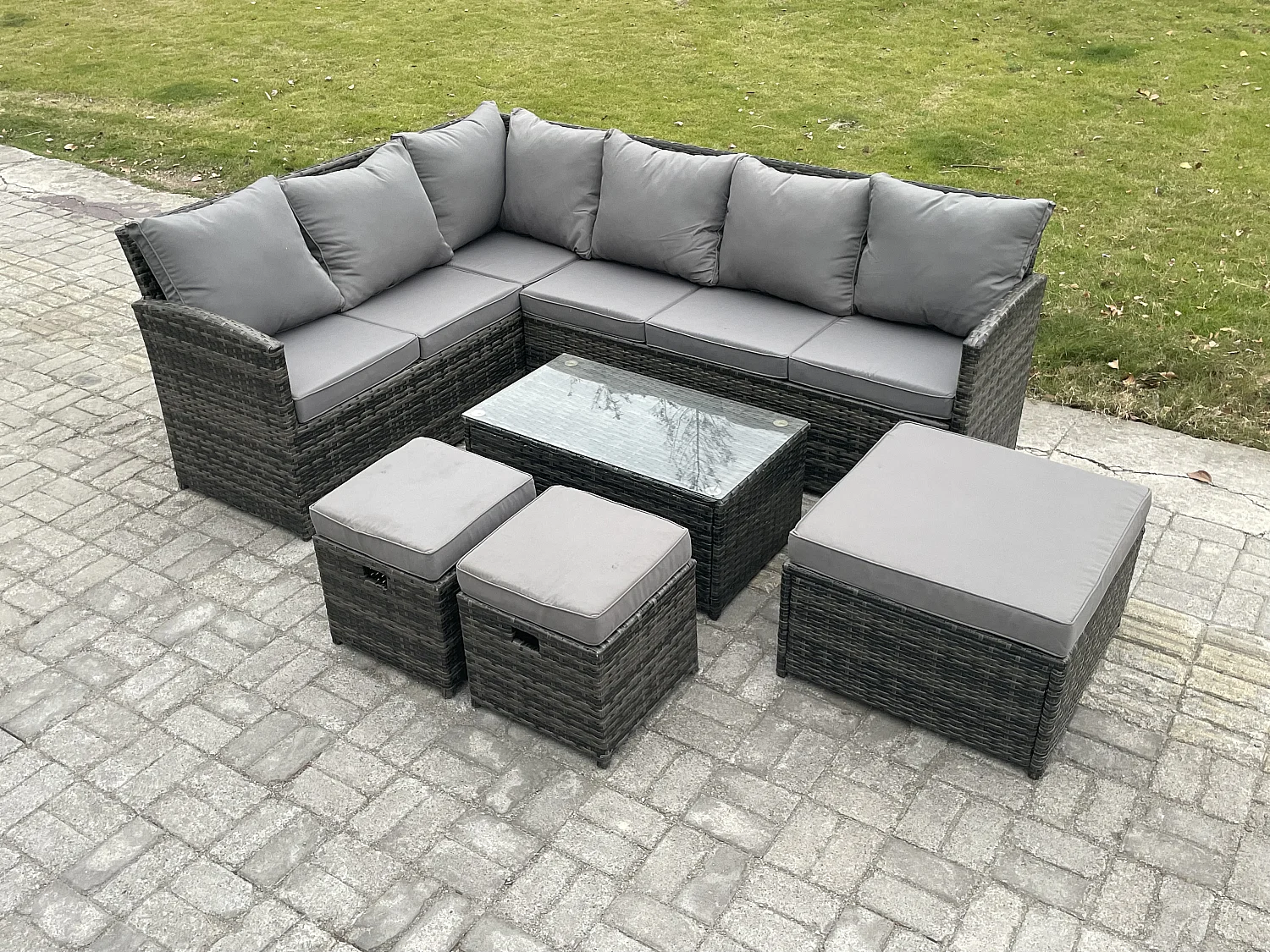 9 Sitzer Gartenmöbel-Set aus Rattan mit Couchtisch 3 Fußhockern Dunkelgrau gemischt