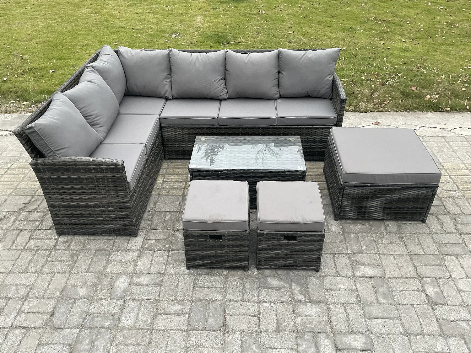 9 Sitzer Gartenmöbel-Set aus Rattan mit Couchtisch 3 Fußhockern Dunkelgrau gemischt