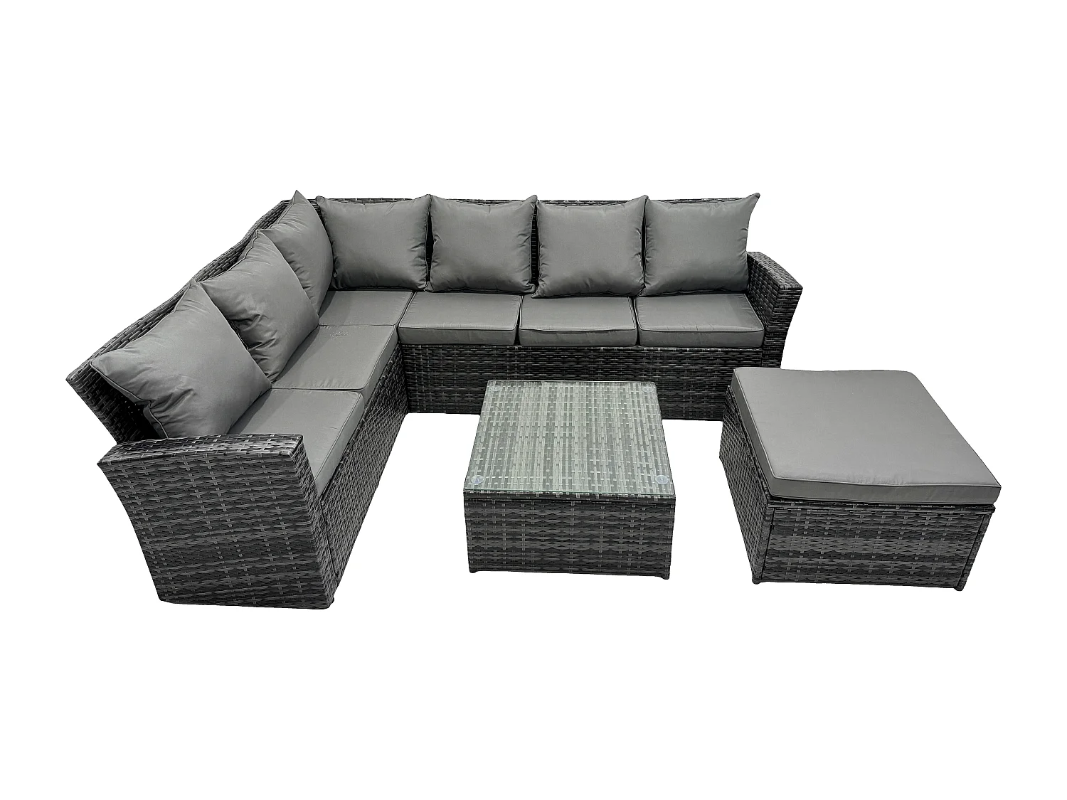 Rattan Gartenmöbel-Set Outdoor Lounge Ecksofa Set mit Quadratischer Couchtisch Großer Fußhocker 7 Sitzer Dunkelgrau gemischt