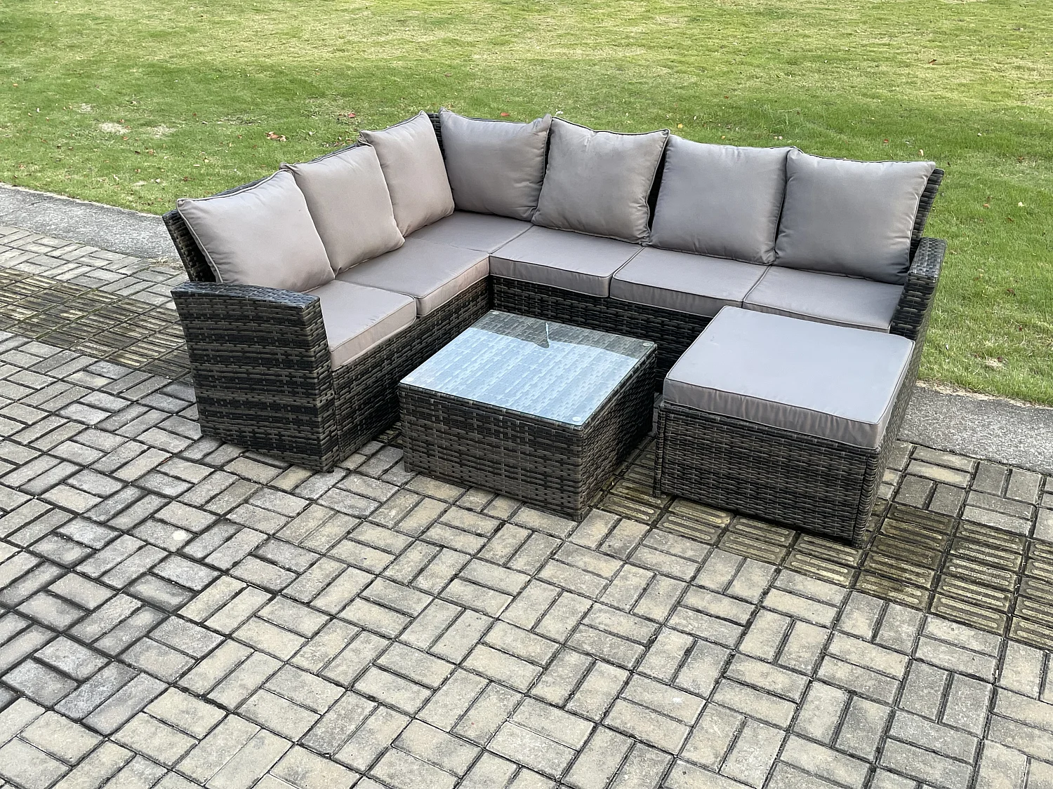 Rattan Gartenmöbel-Set Outdoor Lounge Ecksofa Set mit Quadratischer Couchtisch Großer Fußhocker 7 Sitzer Dunkelgrau gemischt