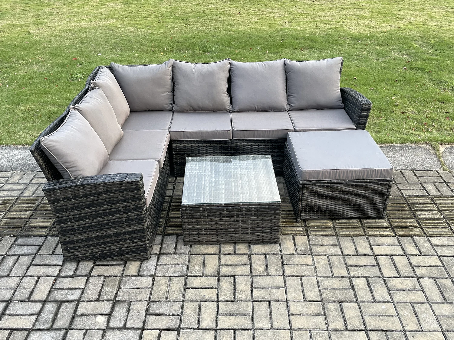 Rattan Gartenmöbel-Set Outdoor Lounge Ecksofa Set mit Quadratischer Couchtisch Großer Fußhocker 7 Sitzer Dunkelgrau gemischt