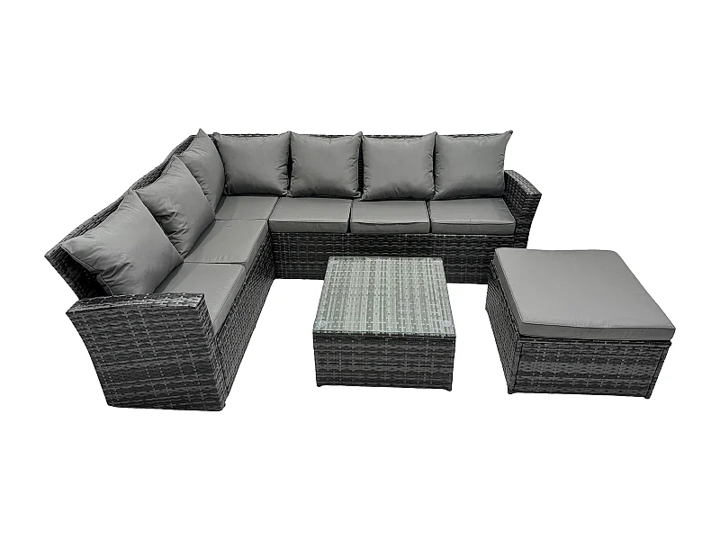 Rattan Gartenmöbel-Set Outdoor Lounge Ecksofa Set mit Quadratischer Couchtisch Großer Fußhocker 7 Sitzer Dunkelgrau gemischt