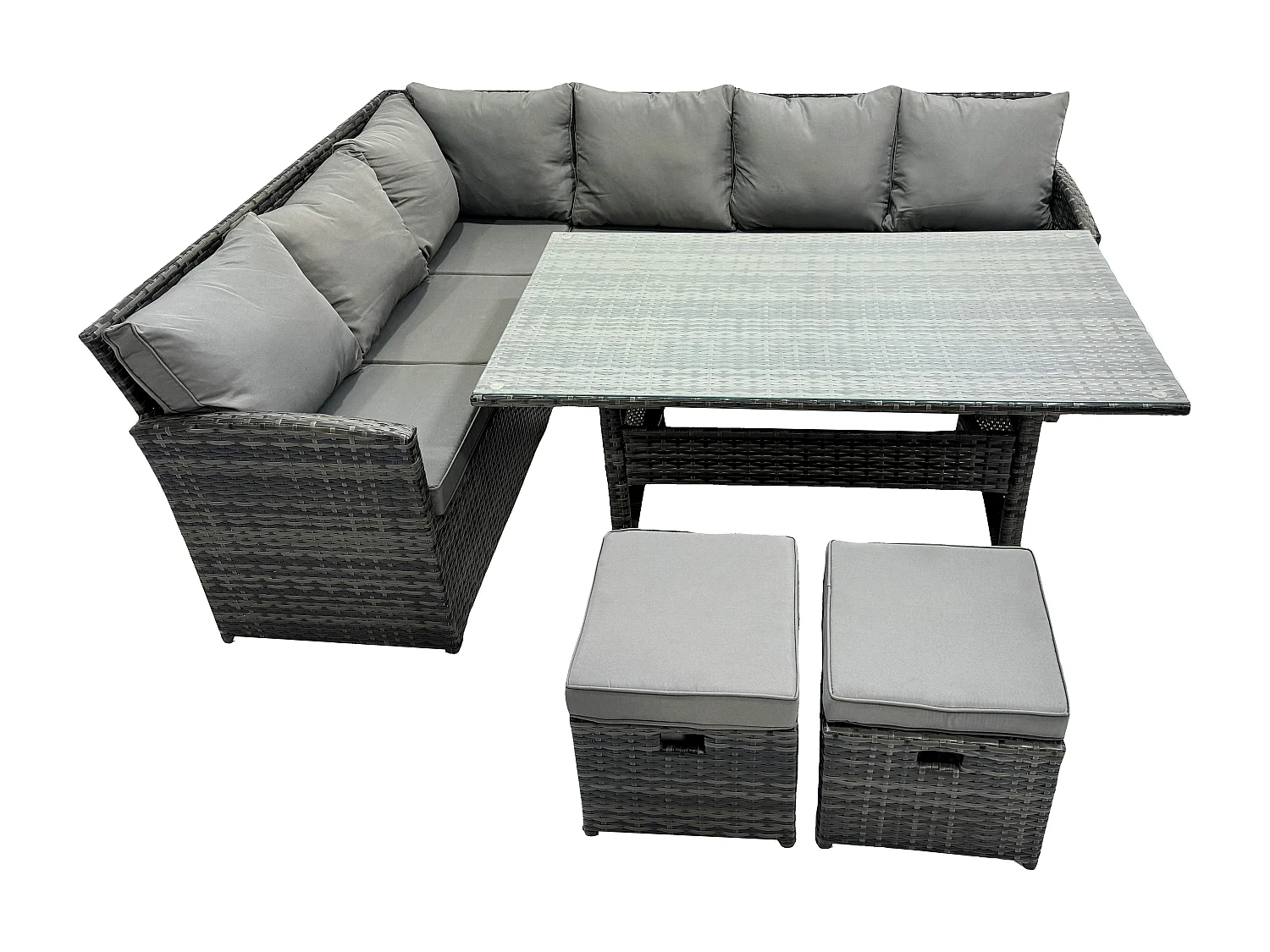 High Back Dark Mixed Grey Rattan Corner Sofa Set Outdoor Furniture Rectangular Dining Table 2 Small Footstools 8 Seater